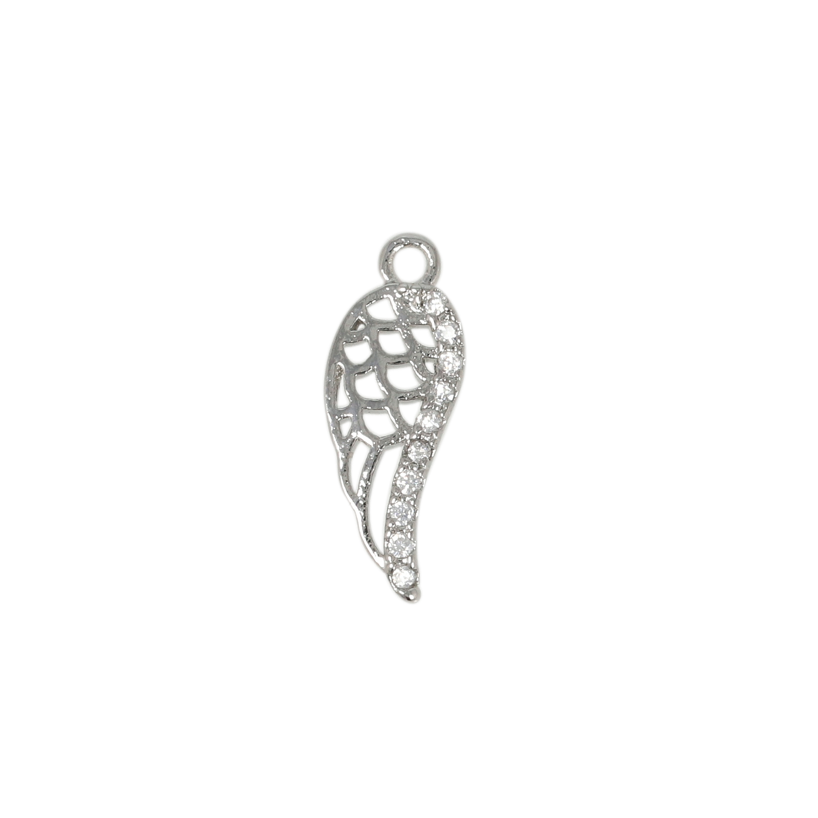rhodium silver plated metal cz charm - angel wing 13x5,5mm | 2pc