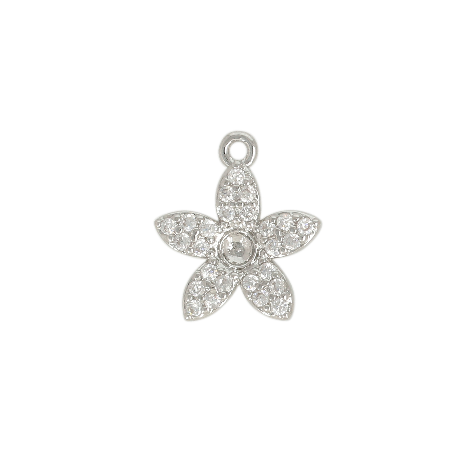 rhodium silver plated metal cz charm - flower 10mm | 1pc