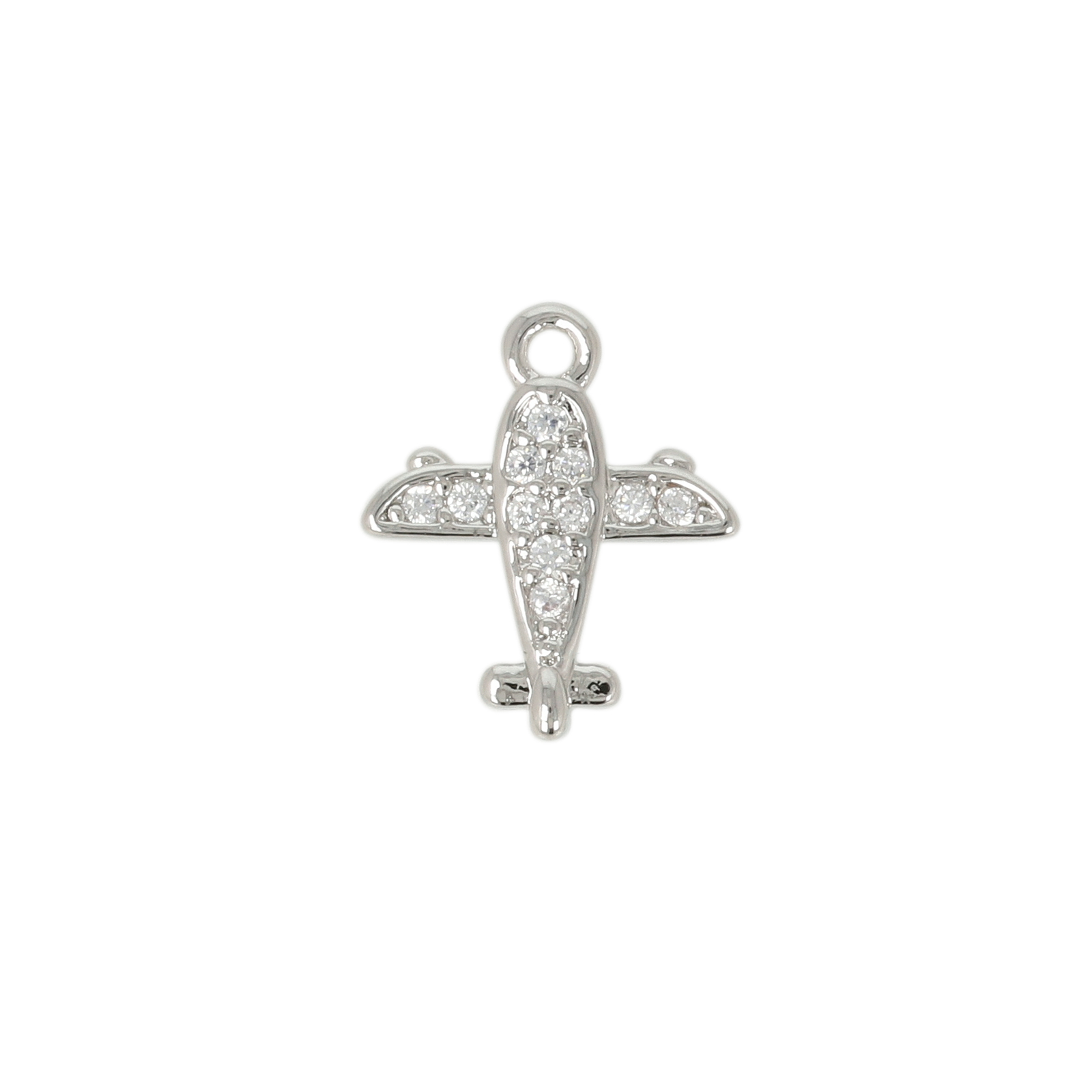 rhodium silver plated metal cz charm - airplane 10mm | 2pc