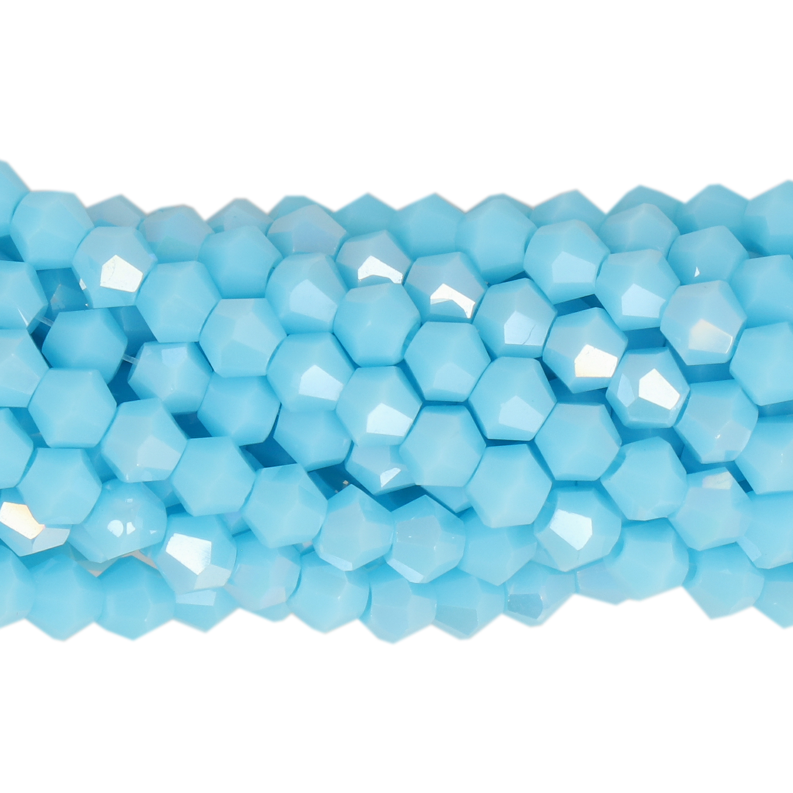 chinese glasperlen facettiertes doppelkegel opaque blue turquoise ab 4mm | 1-strang