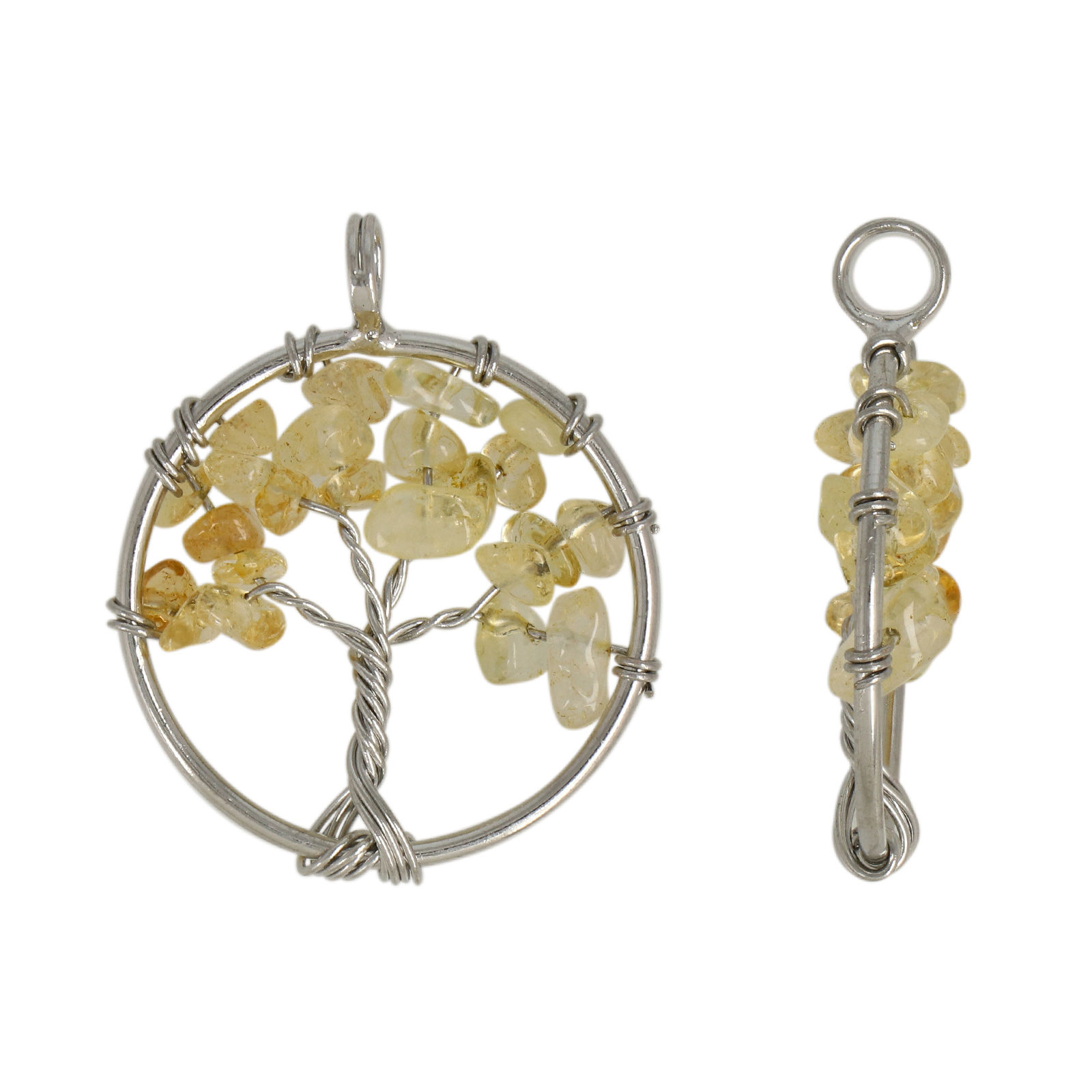 tree of life pendant - citrine quartz chips - rhodium silver plated 28mm | 1pc