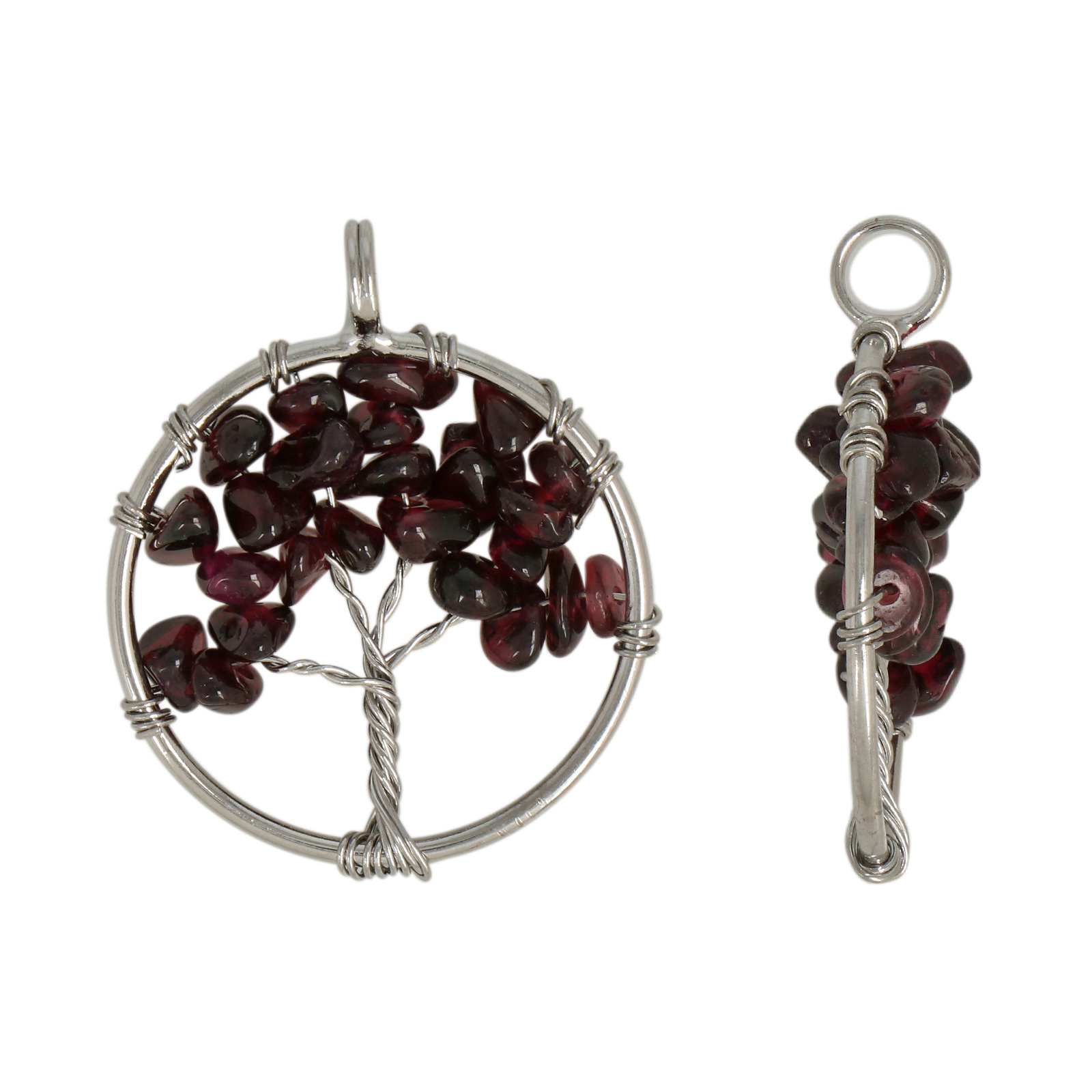 tree of life pendant - garnet chips - rhodium silver plated 28mm | 1pc