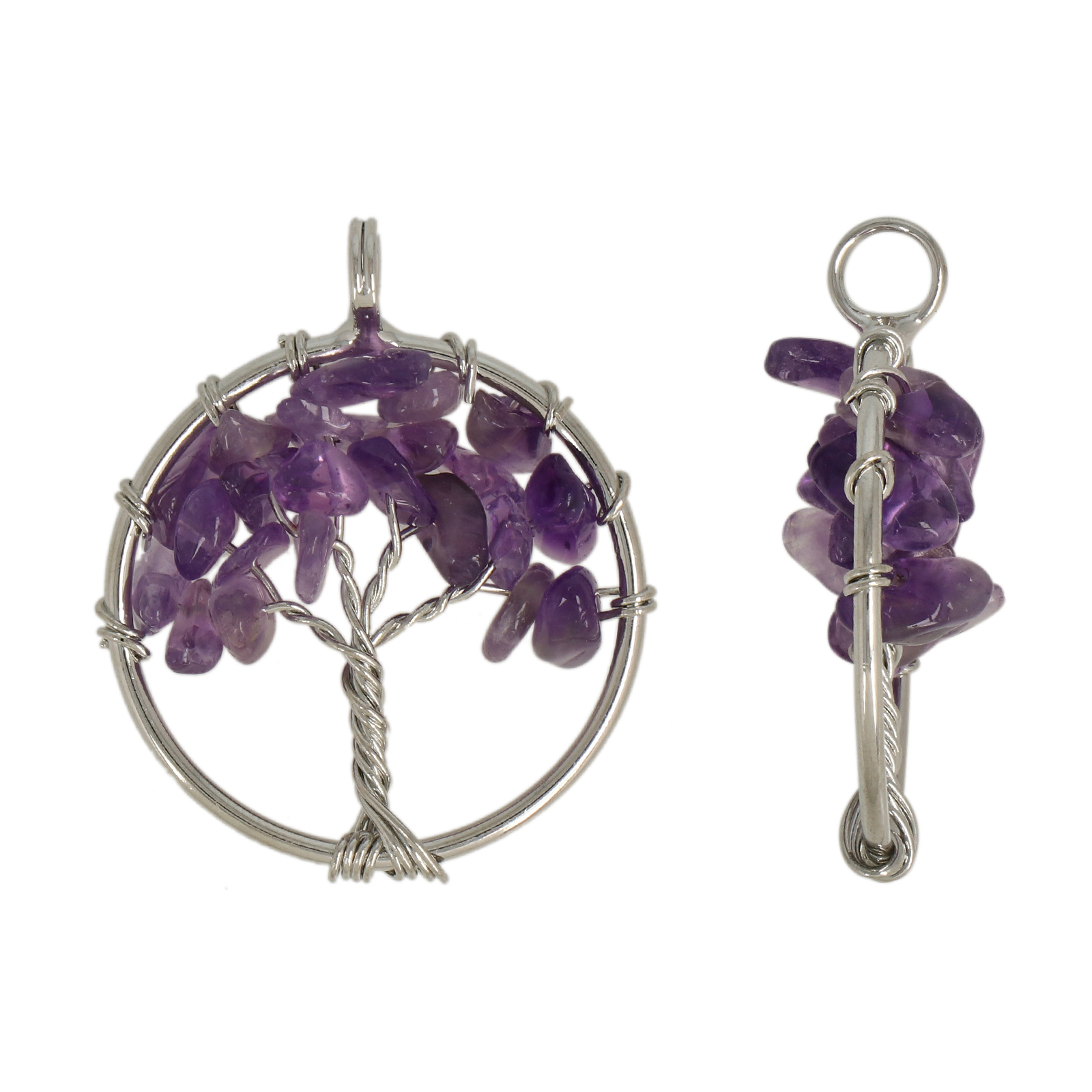 tree of life pendant - amethyst chips - rhodium silver plated 28mm | 1pc