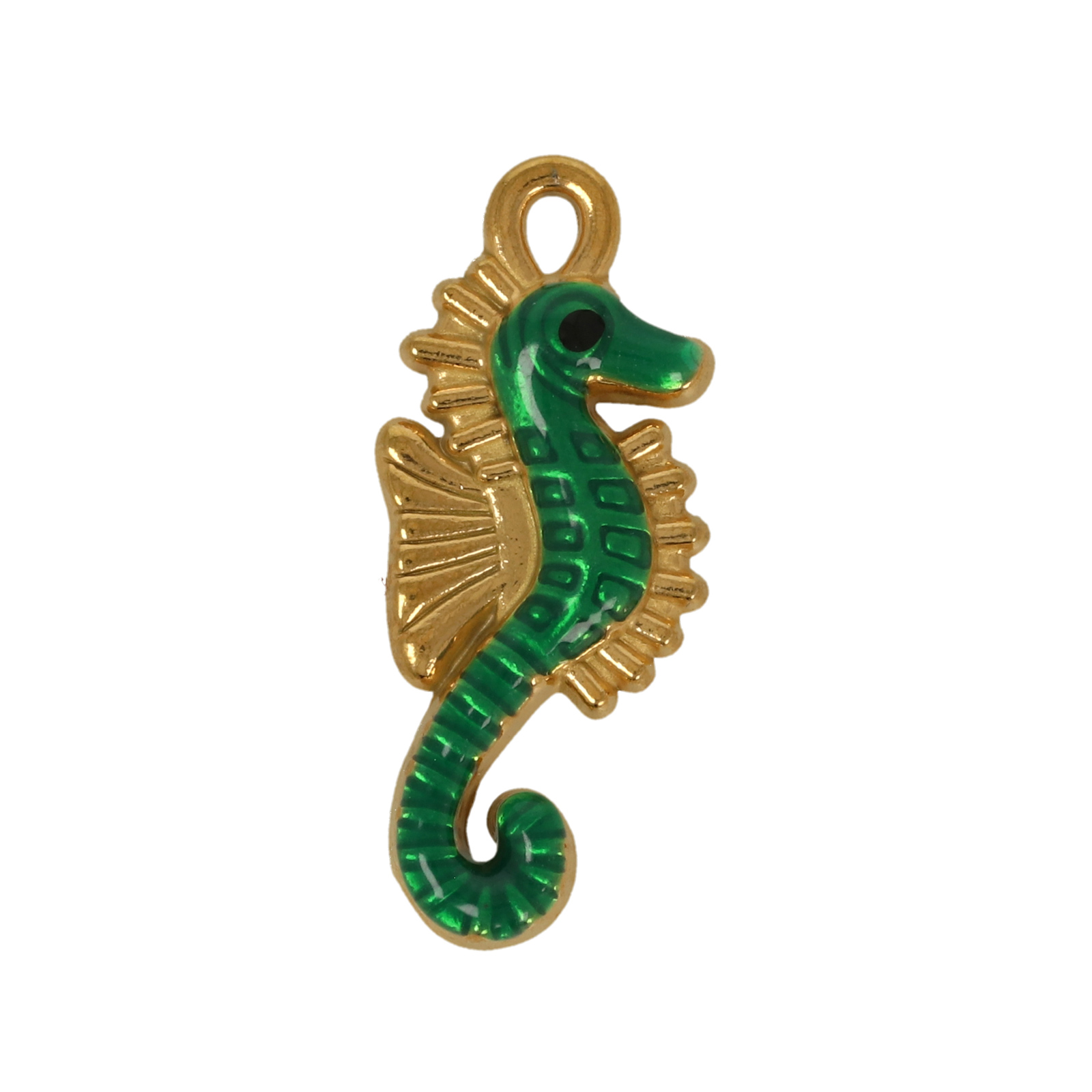 gold plated stainless steel enameled green seahorse charm 25x12mm | 1pc