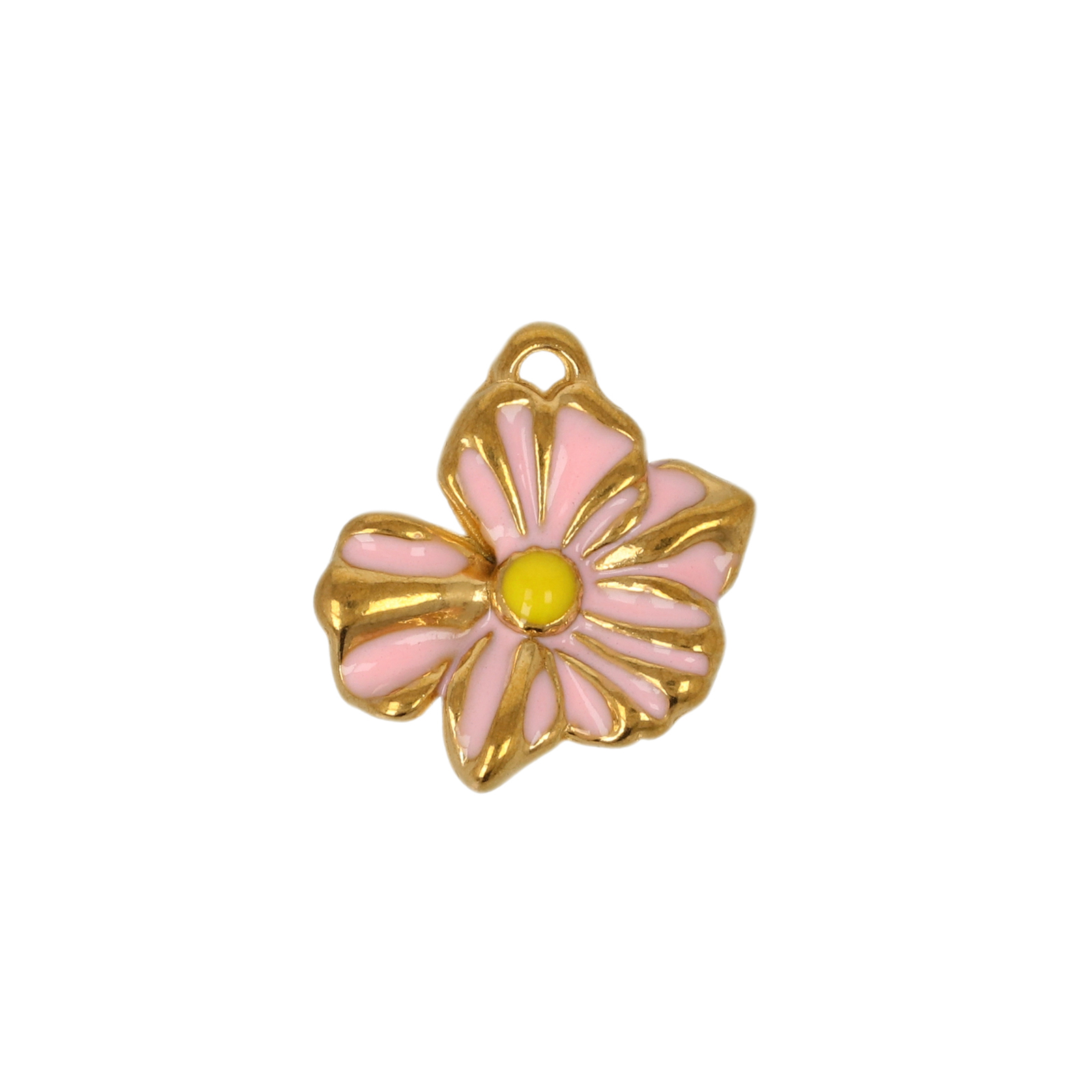gold plated stainless steel enameled pink flower charm 14mm | 1pc