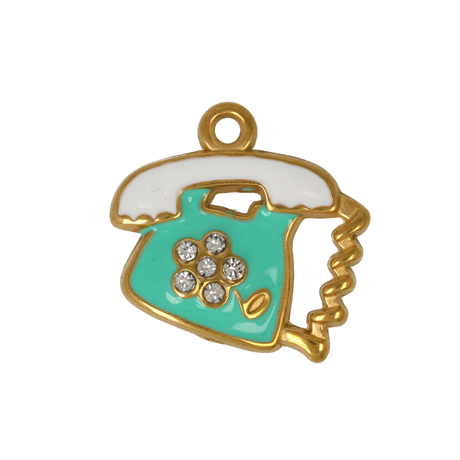 green enamelled gold plated stainless steel telephone charm 18x14mm | 1pc