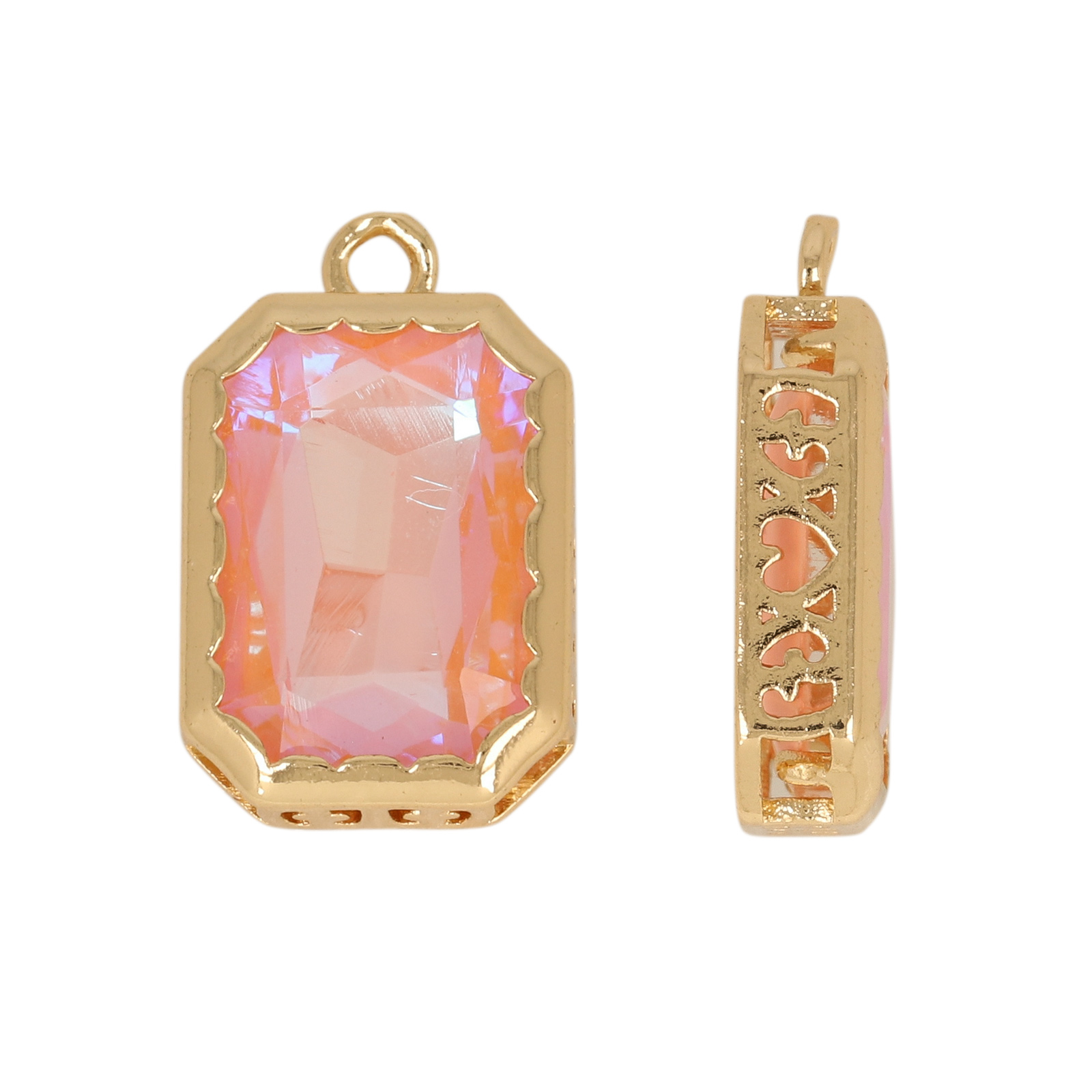 gold plated fine crystal pendant rectangle coral pink iris 14x10mm | 2pc
