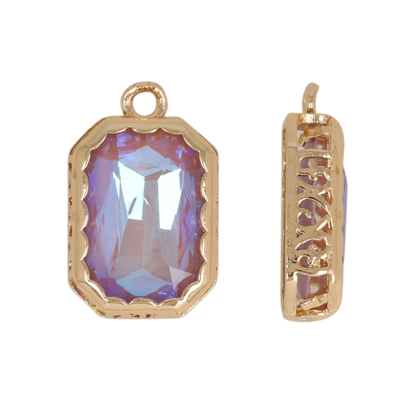 gold plated fine crystal pendant rectangle lavender iris 14x10mm | 2pc