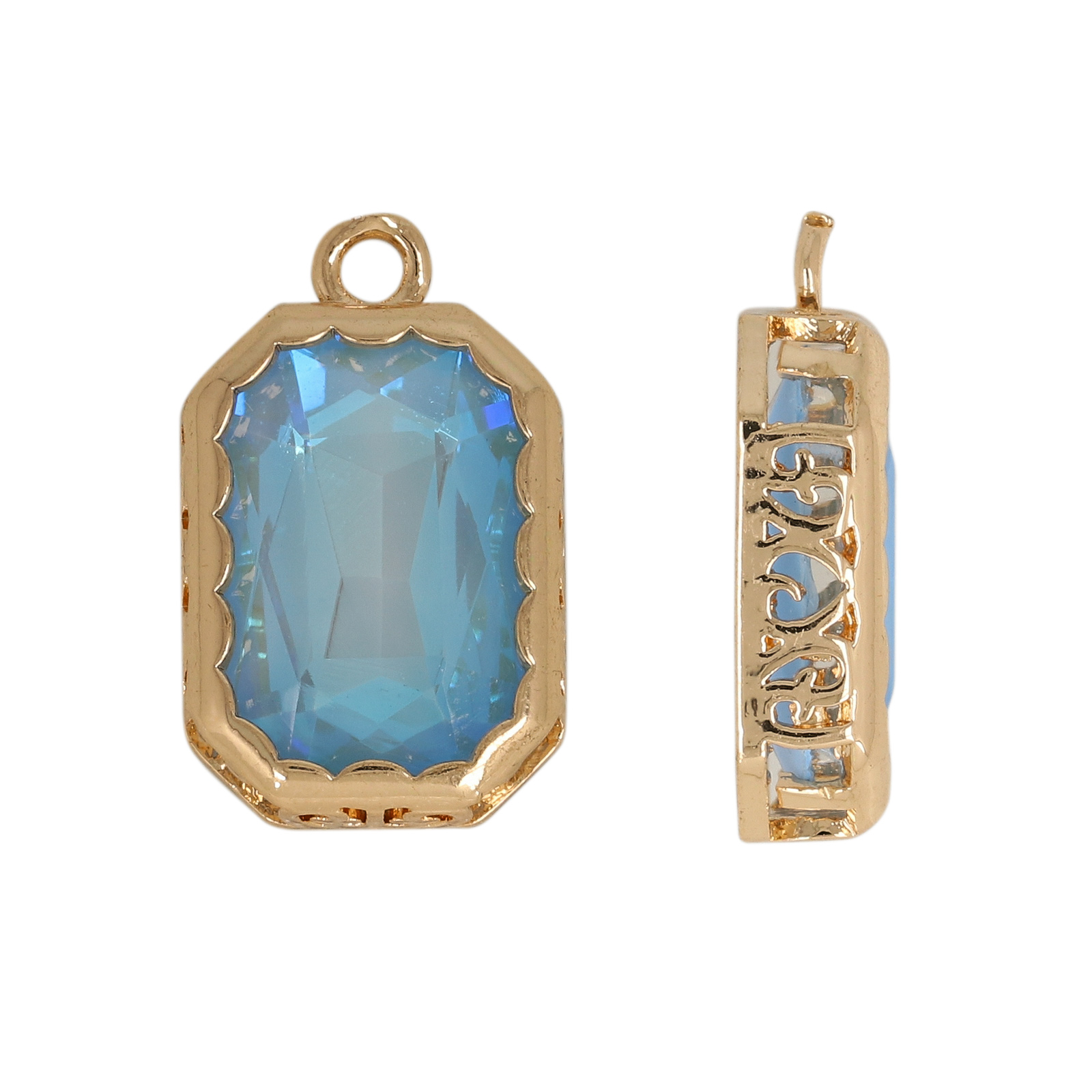 gold plated fine crystal pendant rectangle blue sky iris 14x10mm | 2pc