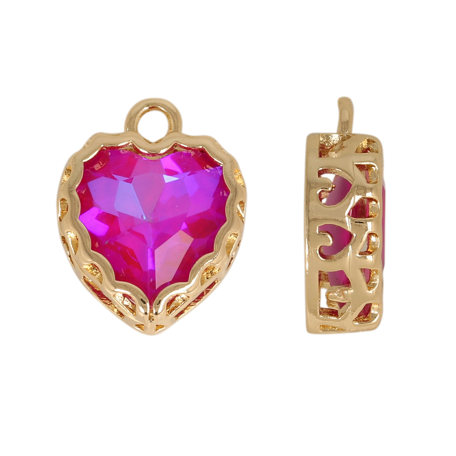 gold plated fine crystal pendant heart magenta iris 12mm | 2pc