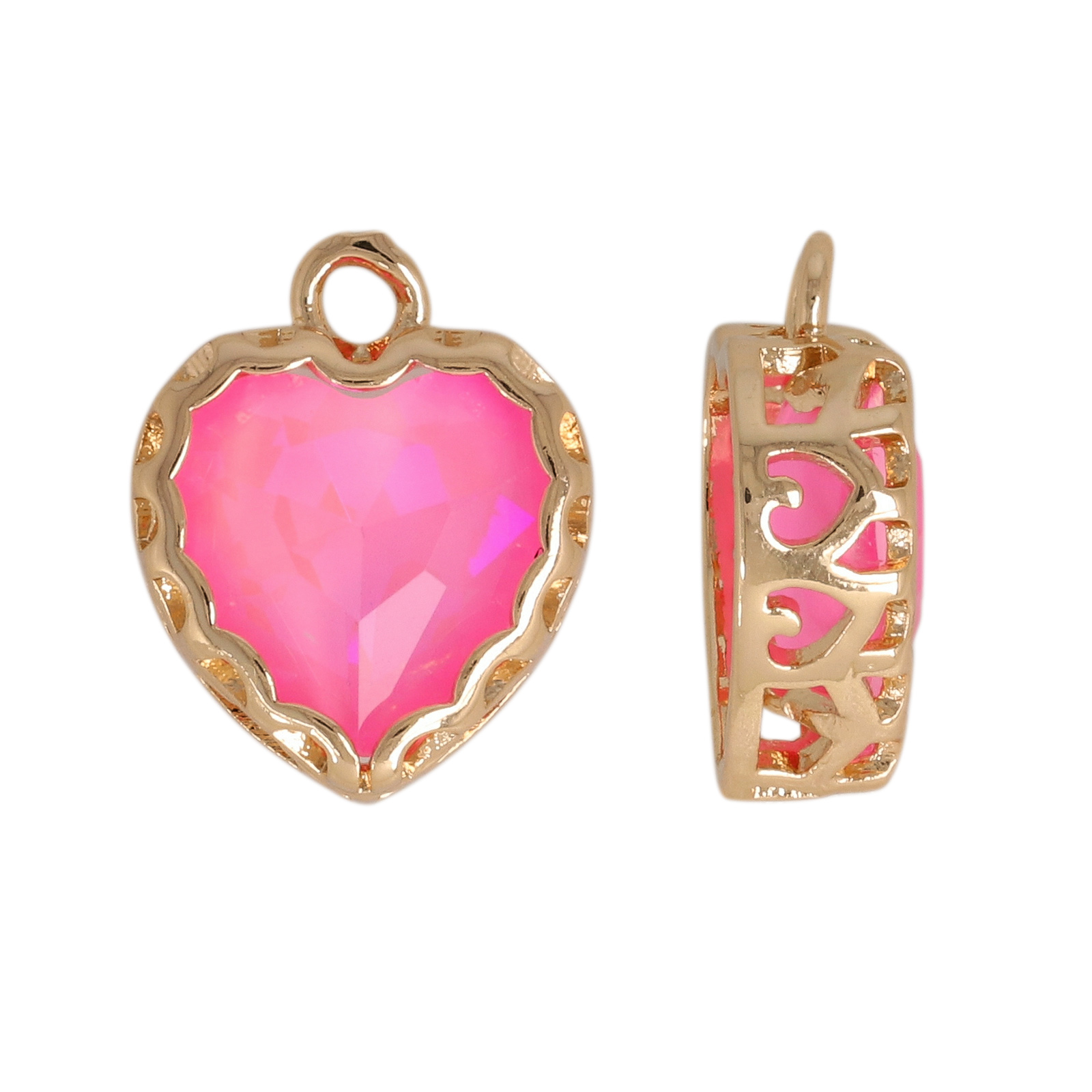 gold plated fine crystal pendant heart hot pink iris 12mm | 2pc