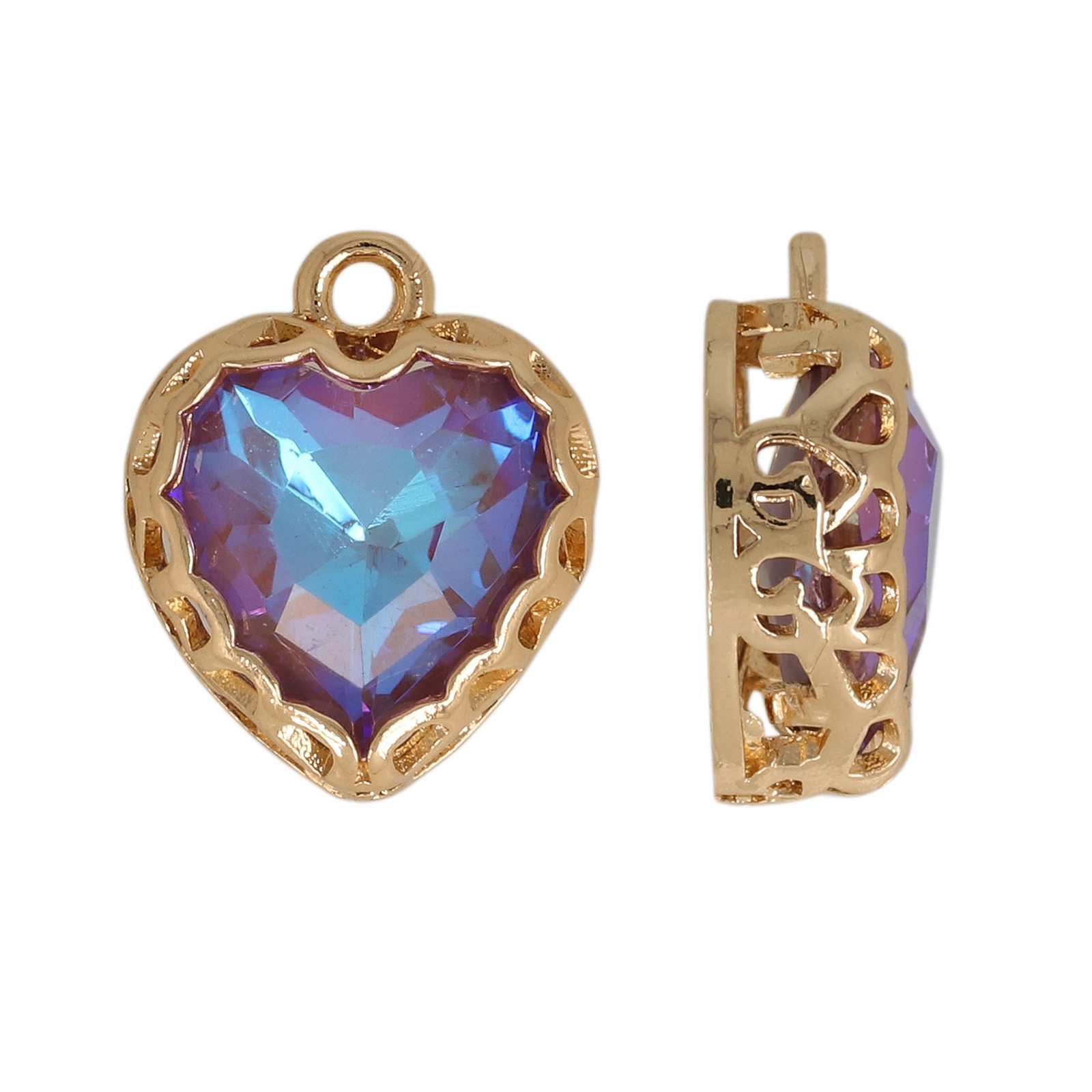 gold plated fine crystal pendant heart purple iris 12mm | 2pc