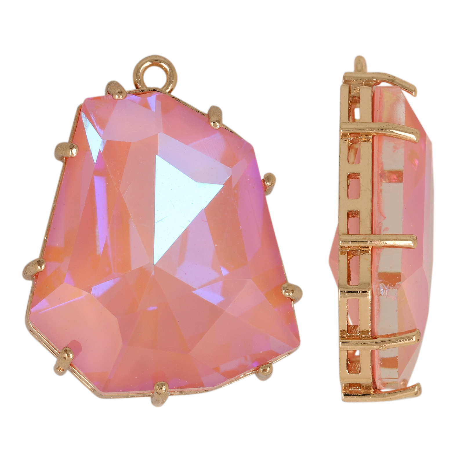 gold plated fine crystal pendant irregular coral pink iris 25x21mm | 2pc