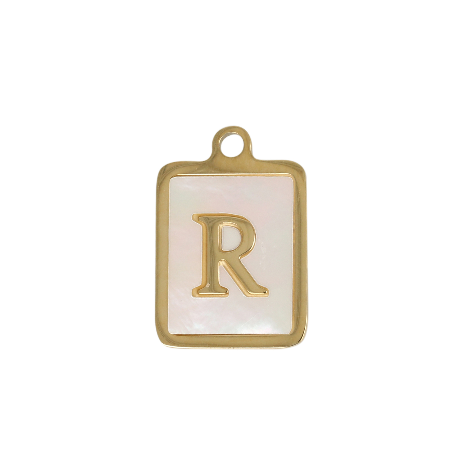 enamelled gold plated stainless steel letter "r" tag charm 16x12mm | 1pc