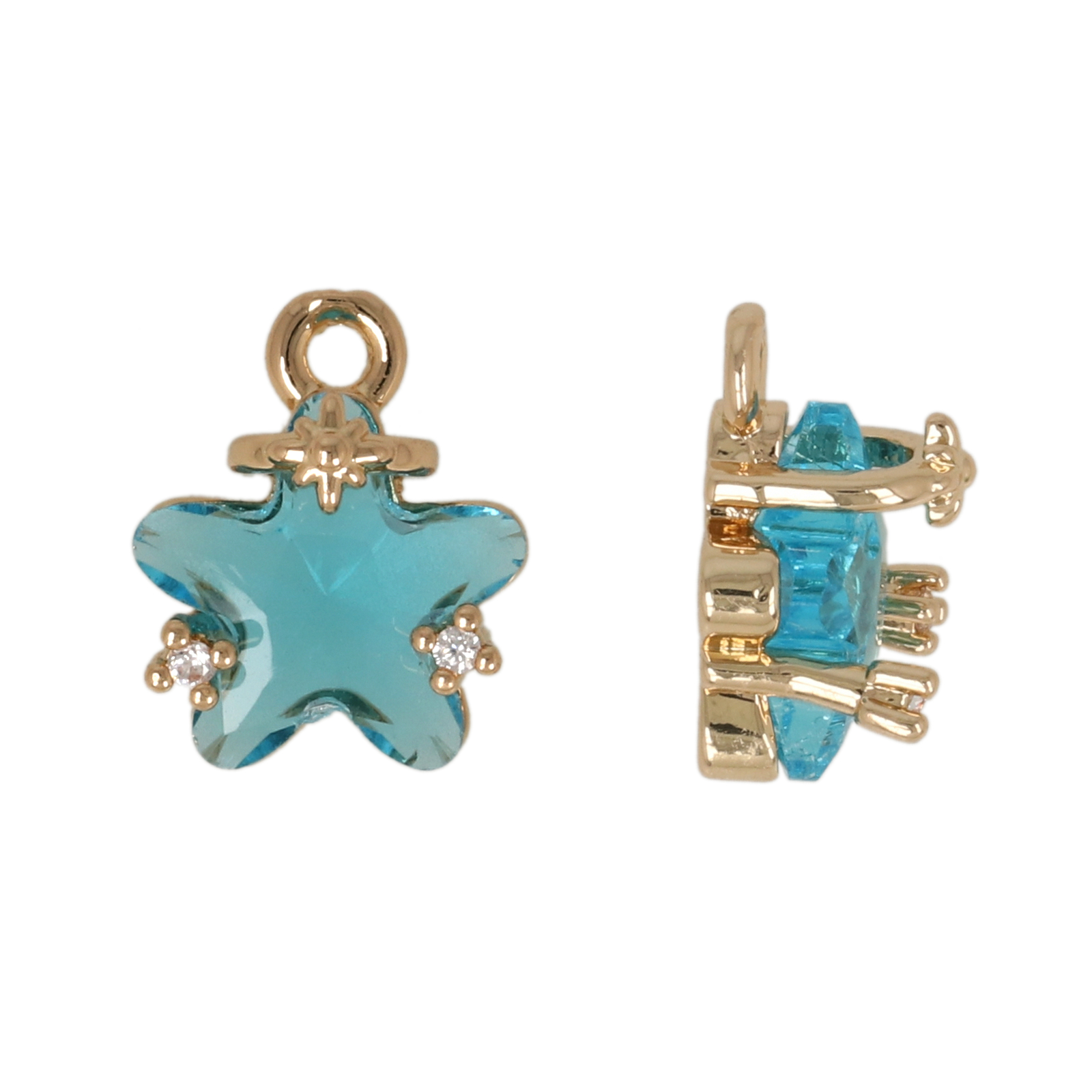 gold plated fine crystal pendant star teal 10mm | 4pc