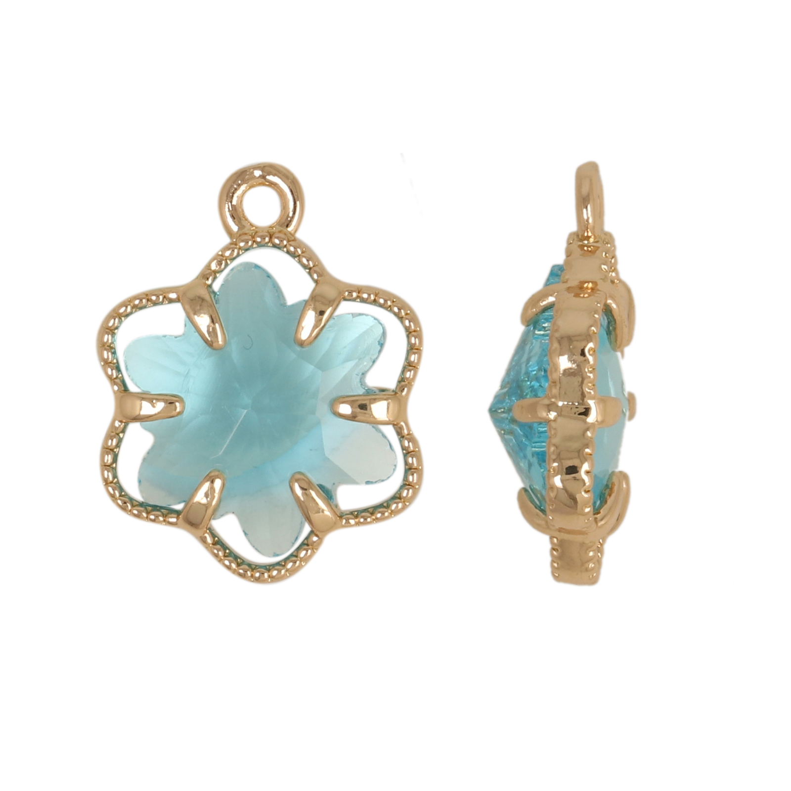gold plated fine crystal pendant flower teal 12mm | 4pc