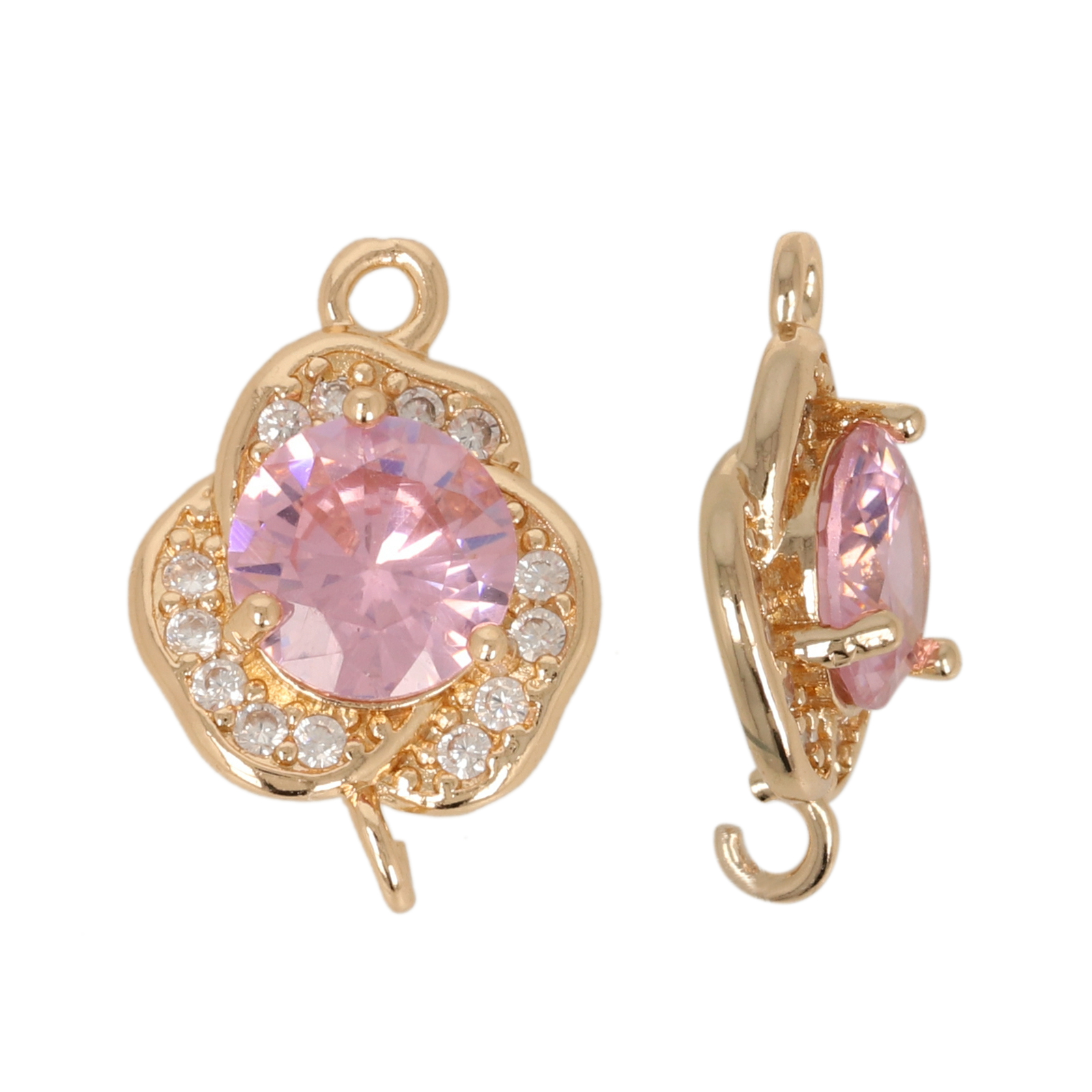 gold plated fine crystal link flower pink 13mm | 2pc