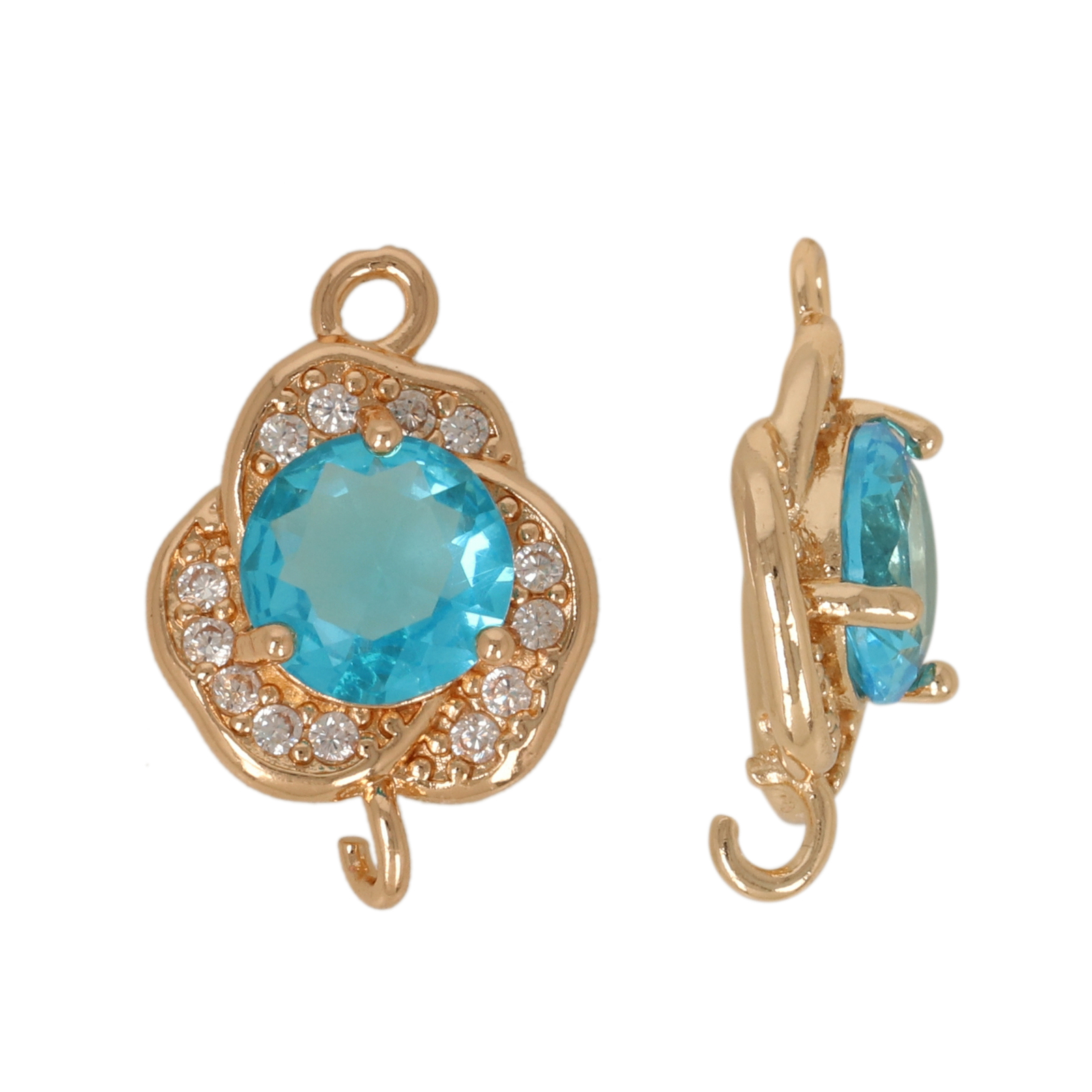 gold plated fine crystal link flower aqua 13mm | 2pc