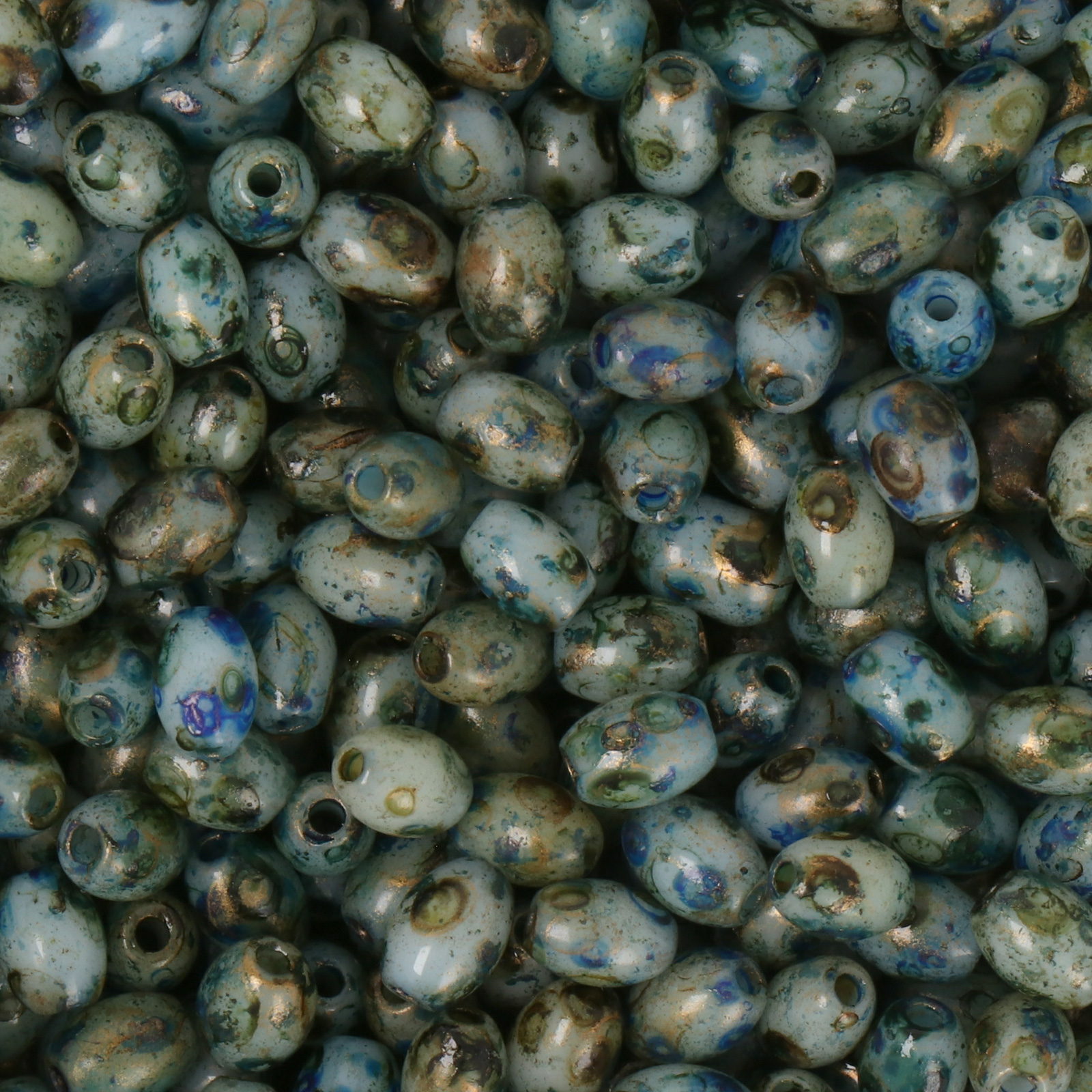 frizzy glass bead - picasso blue - smooth olive 6x4mm (220pc aprox.) | 30gr
