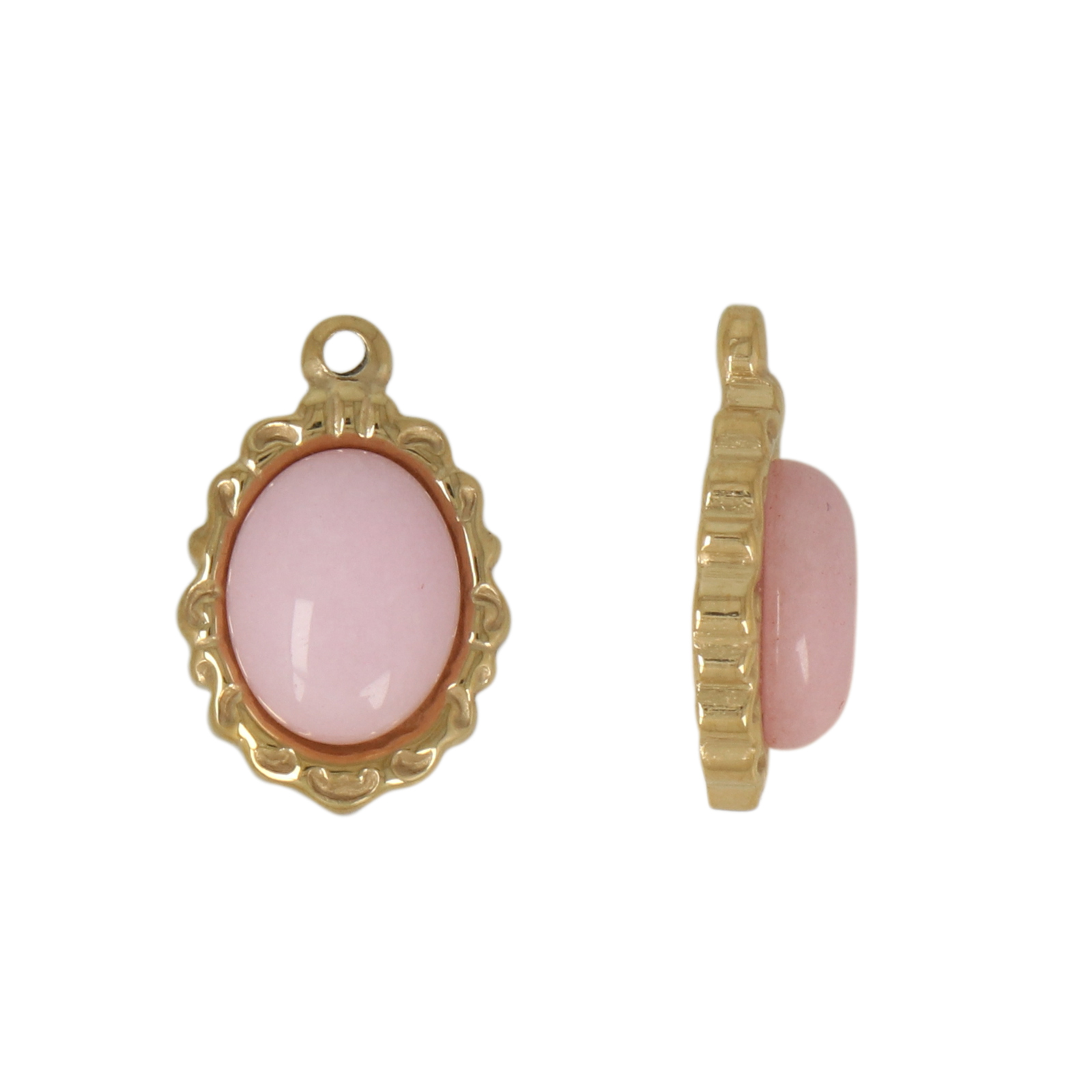 gold plated stainless stell oval with pink dyed jade pendant 15x12mm | 1pc