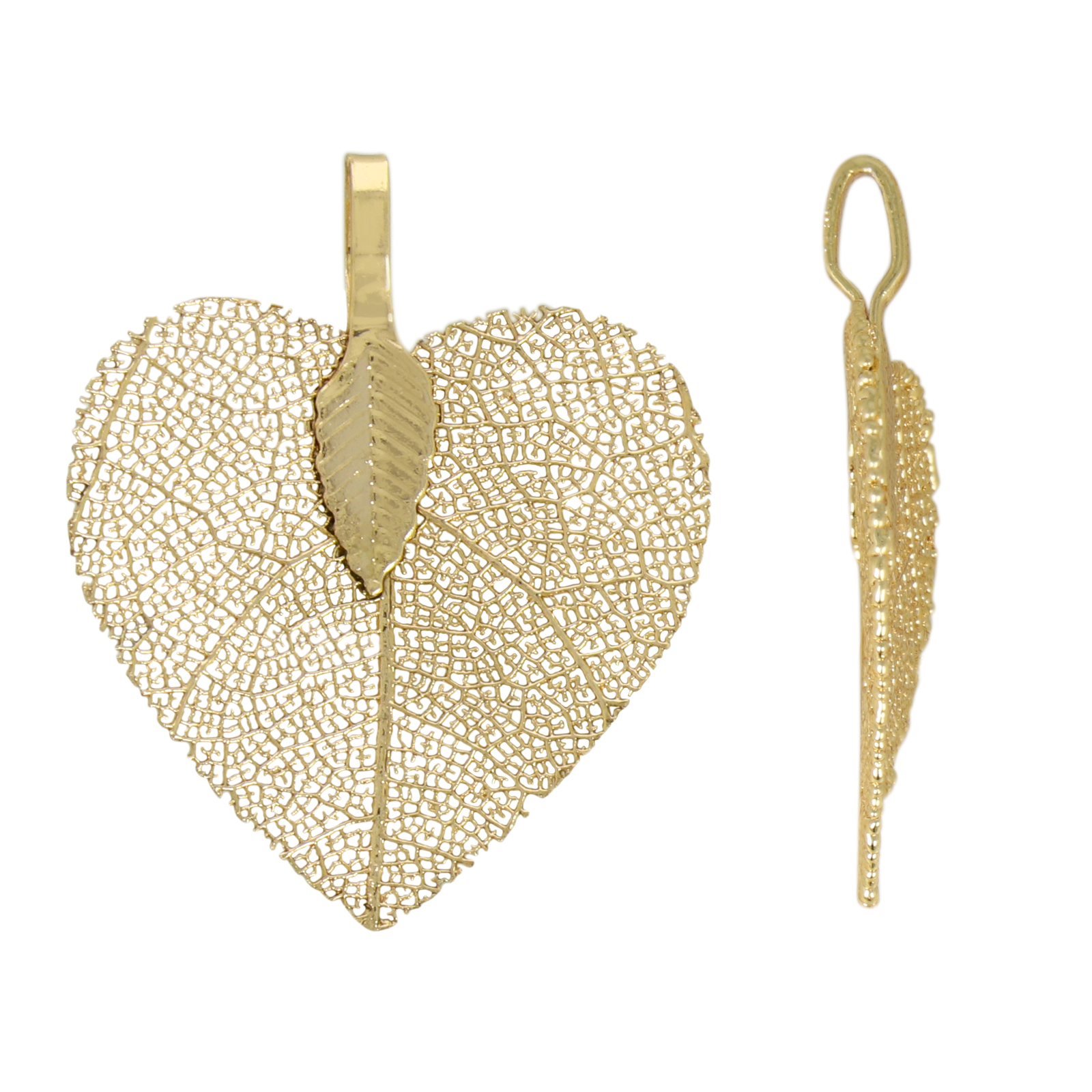 gold plated natural leaf pendant - heart 28mm | 1pc
