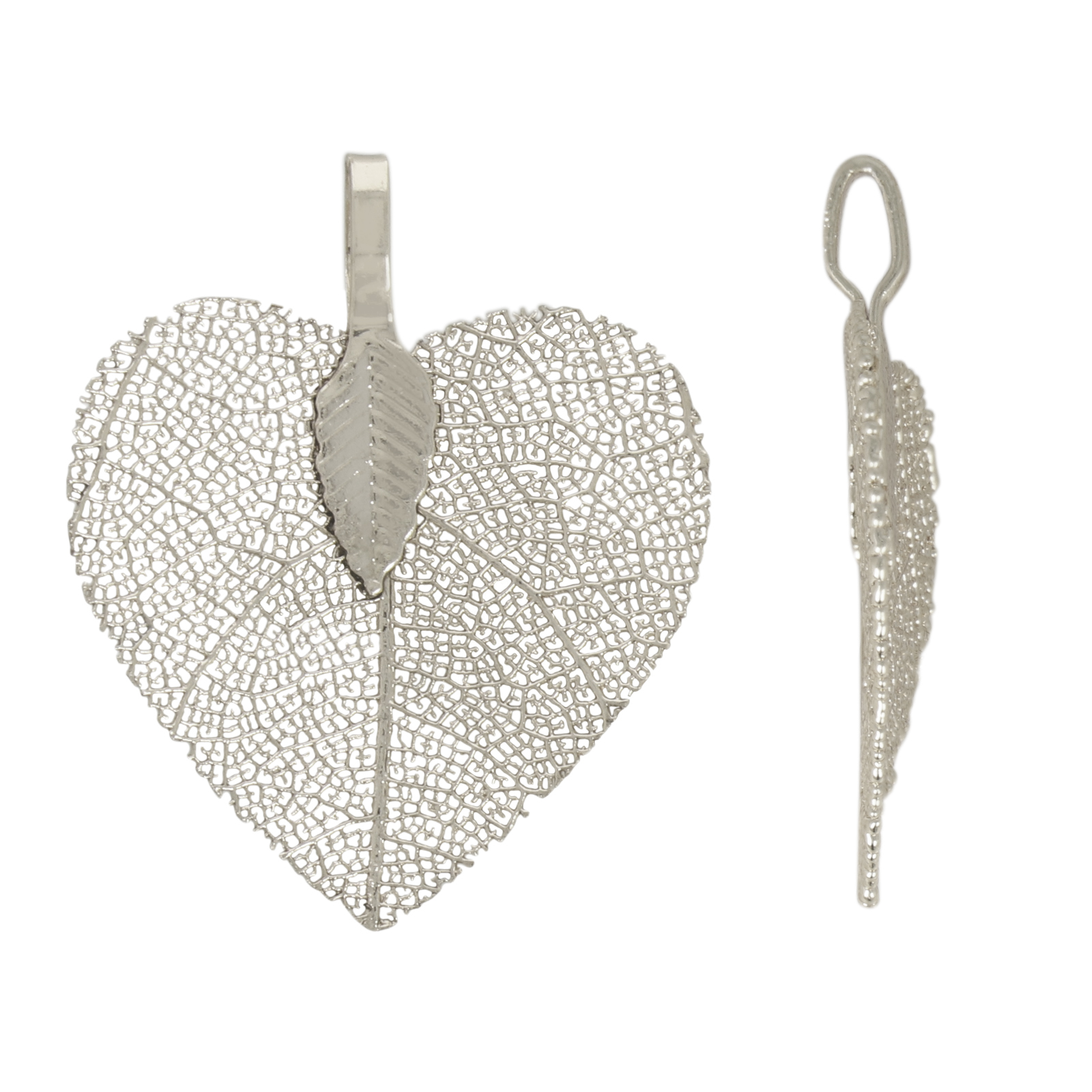 silver plated natural leaf pendant - heart 28mm | 1pc