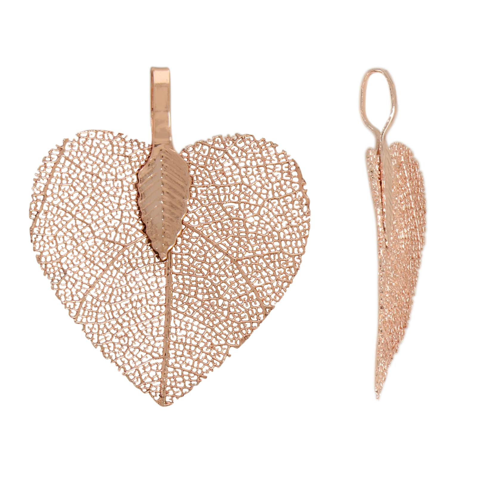 rose gold plated natural leaf pendant - heart 28mm | 1pc