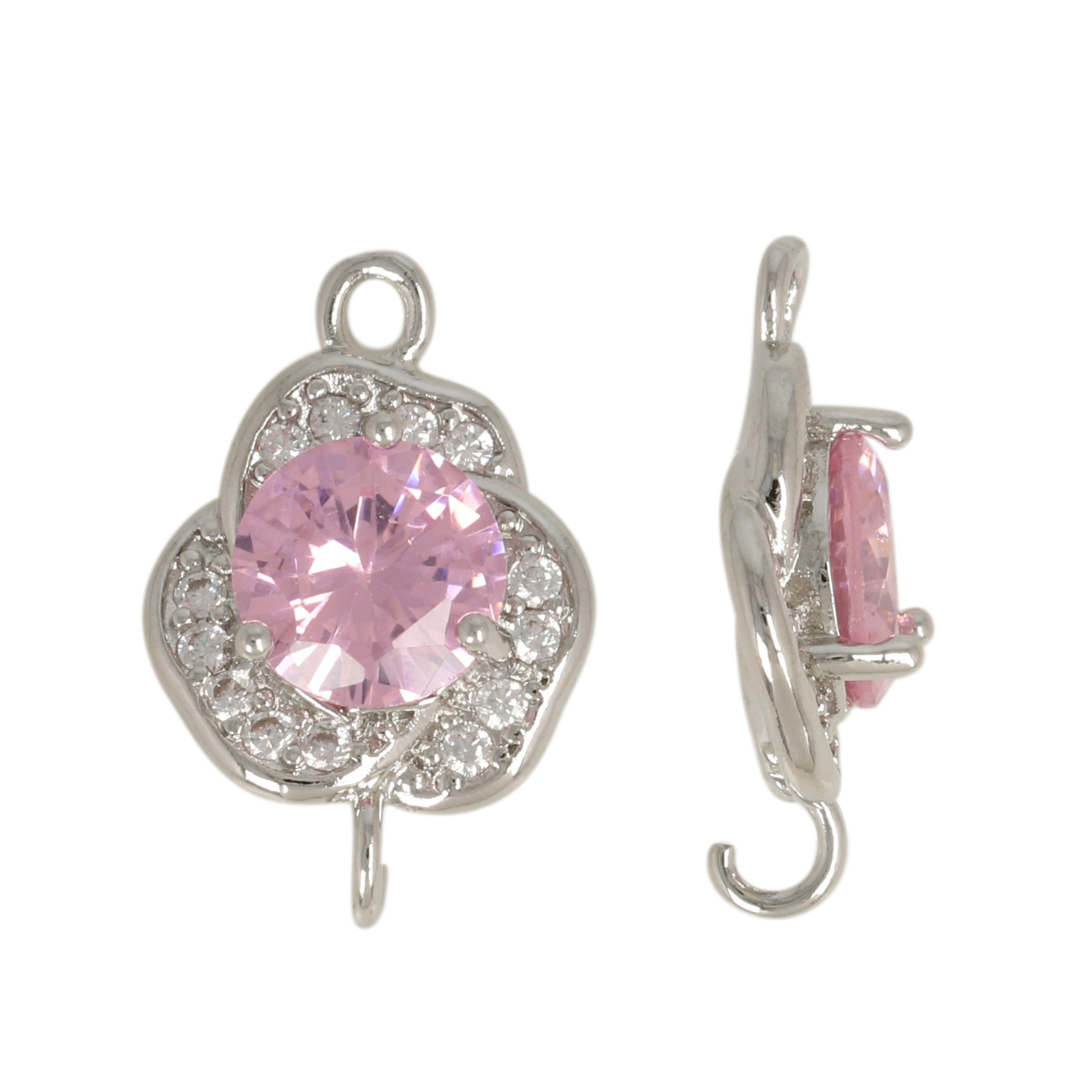 rhodium silver plated fine crystal link flower pink 13mm | 2pc