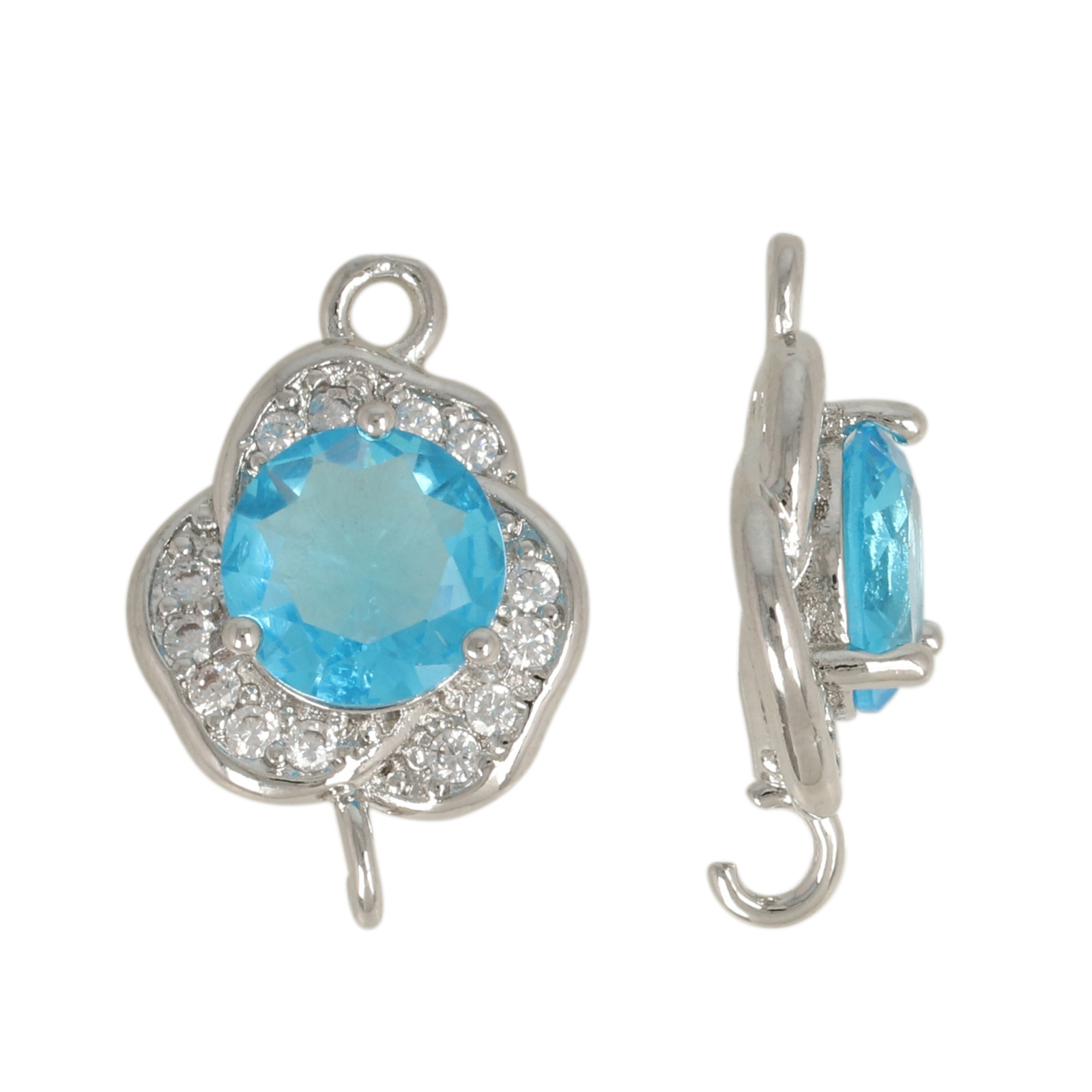 rhodium silver plated fine crystal link flower aqua 13mm | 2pc
