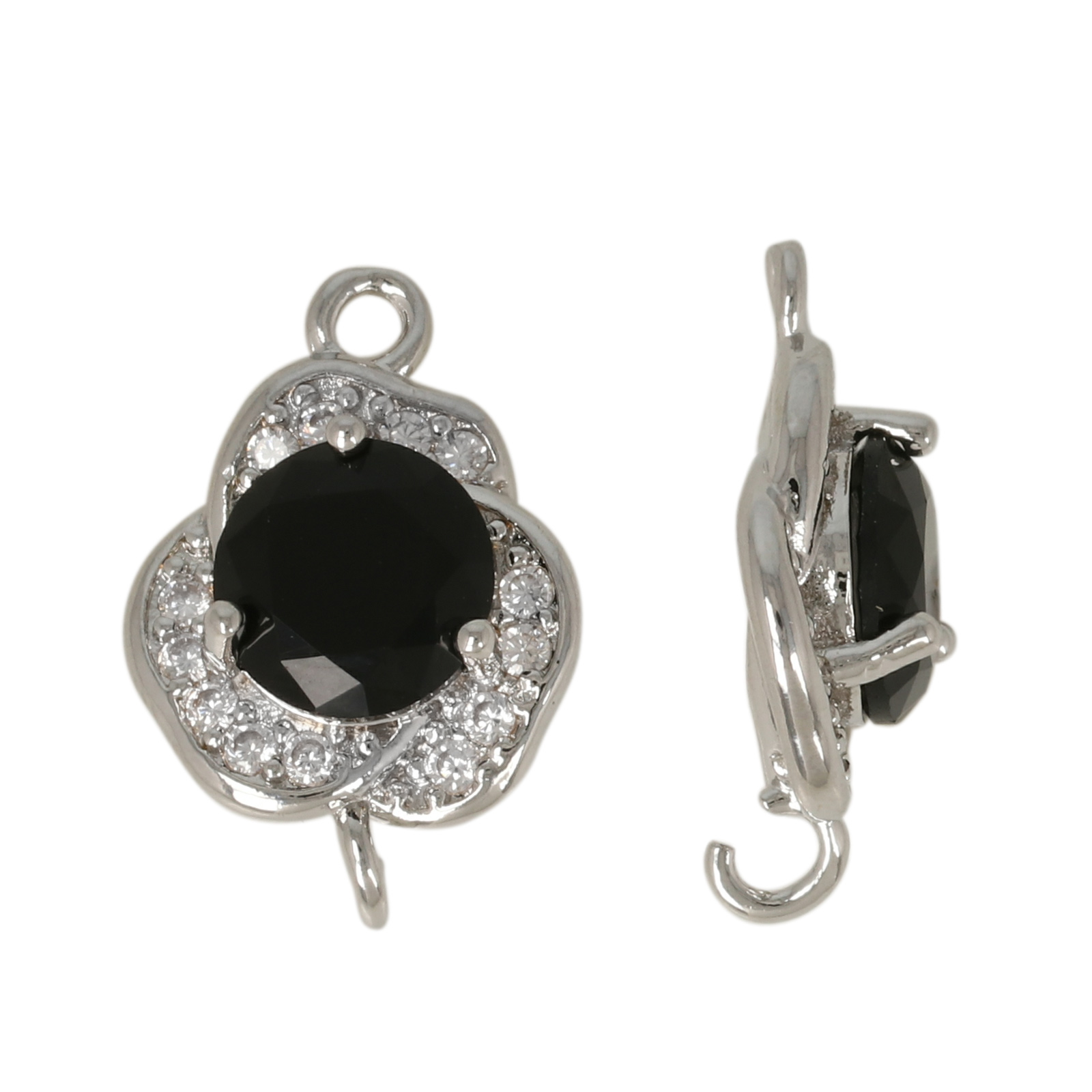 rhodium silver plated fine crystal link flower jet 13mm | 2pc