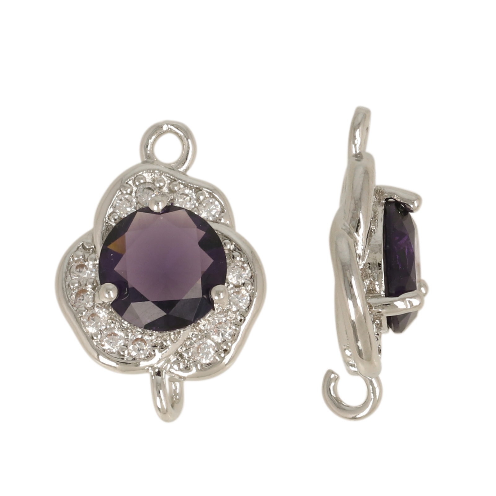 rhodium silver plated fine crystal link flower purple 13mm | 2pc