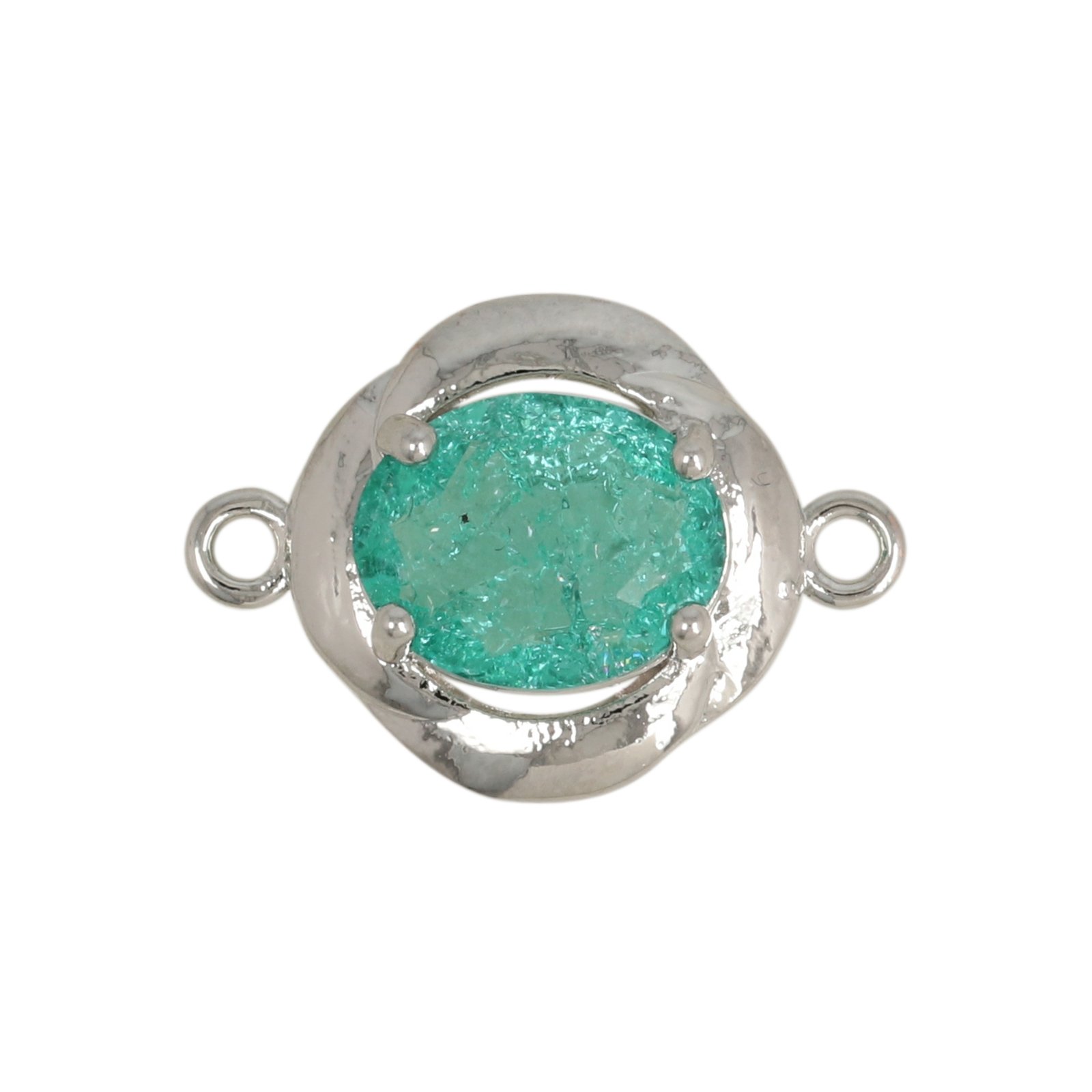 rhodium silver plated fine crystal link flower teal cracked 14mm | 2pc