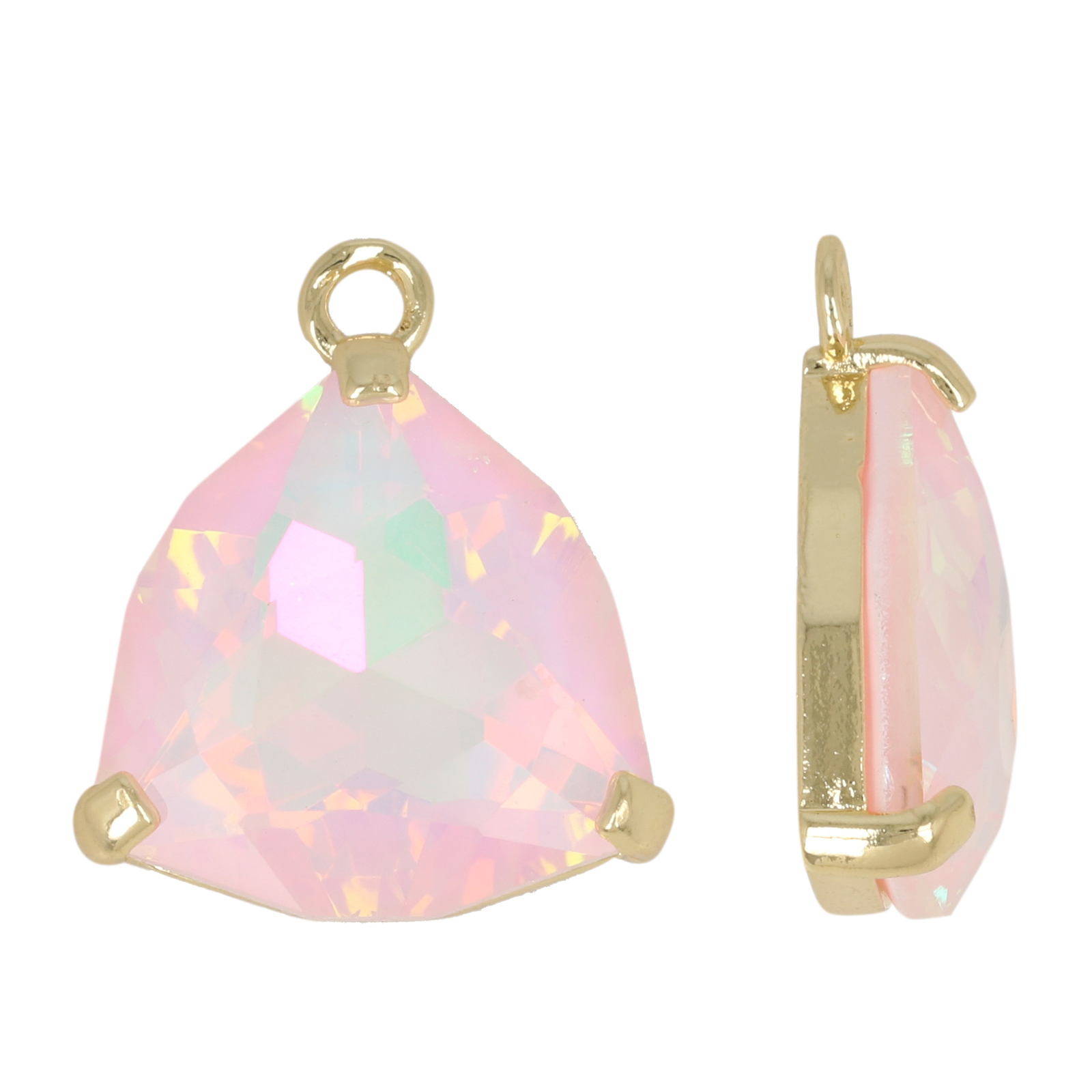 gold plated fine crystal pendant triangle pink iris 18mm | 2pc