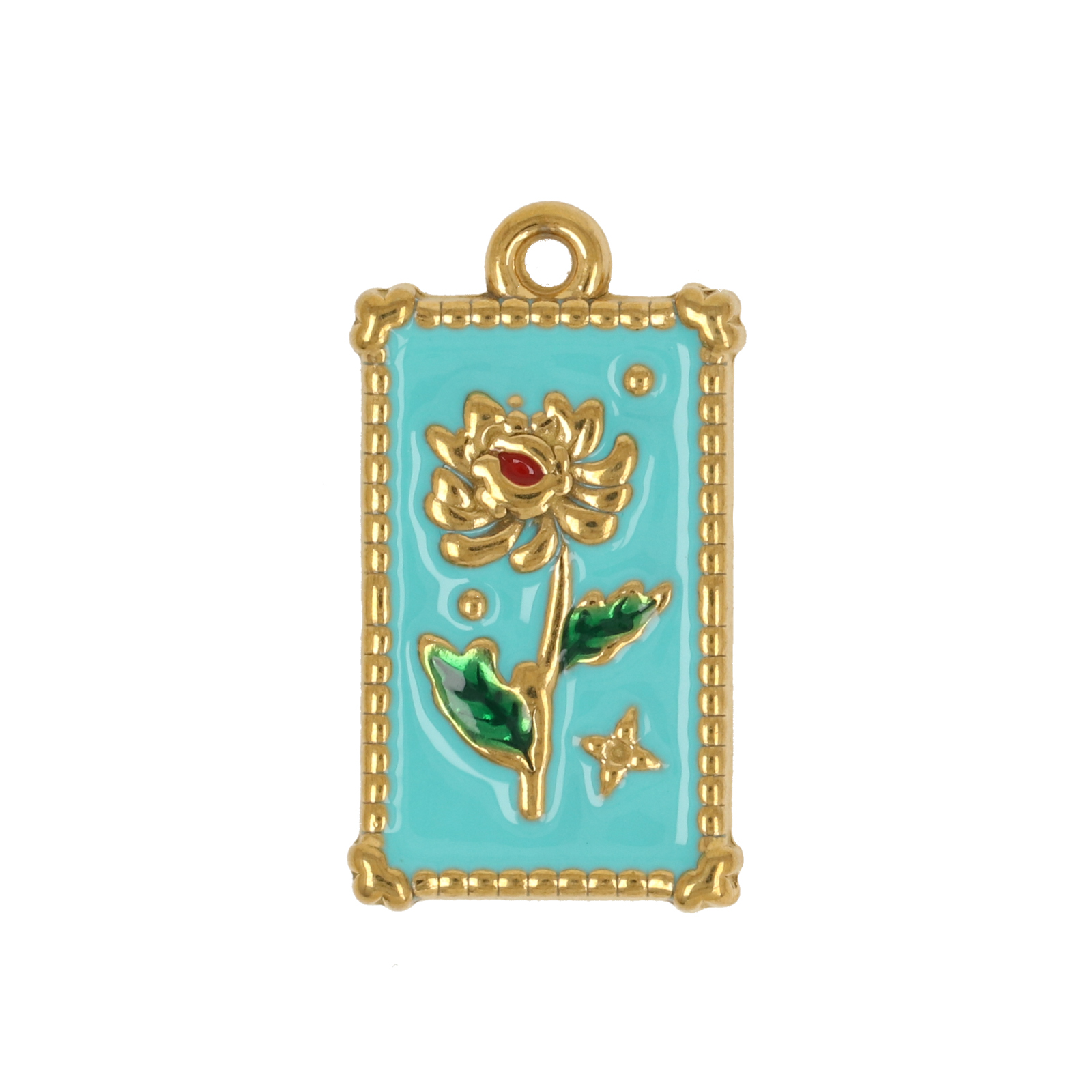 gold plated stainless steel enameled turquoise flower tag charm 22x14mm | 1pc
