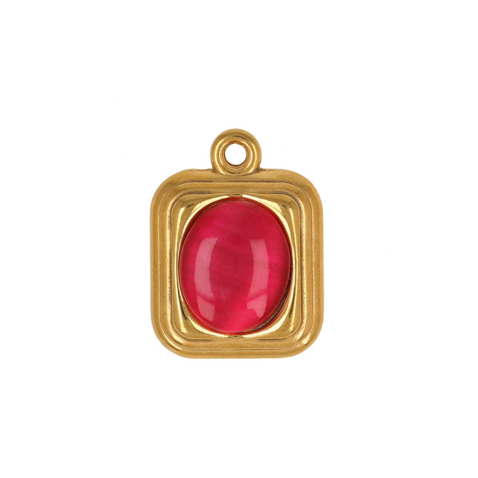 gold plated stainless stell frame with fuchsia glass cabochon pendant 16mm | 1pc