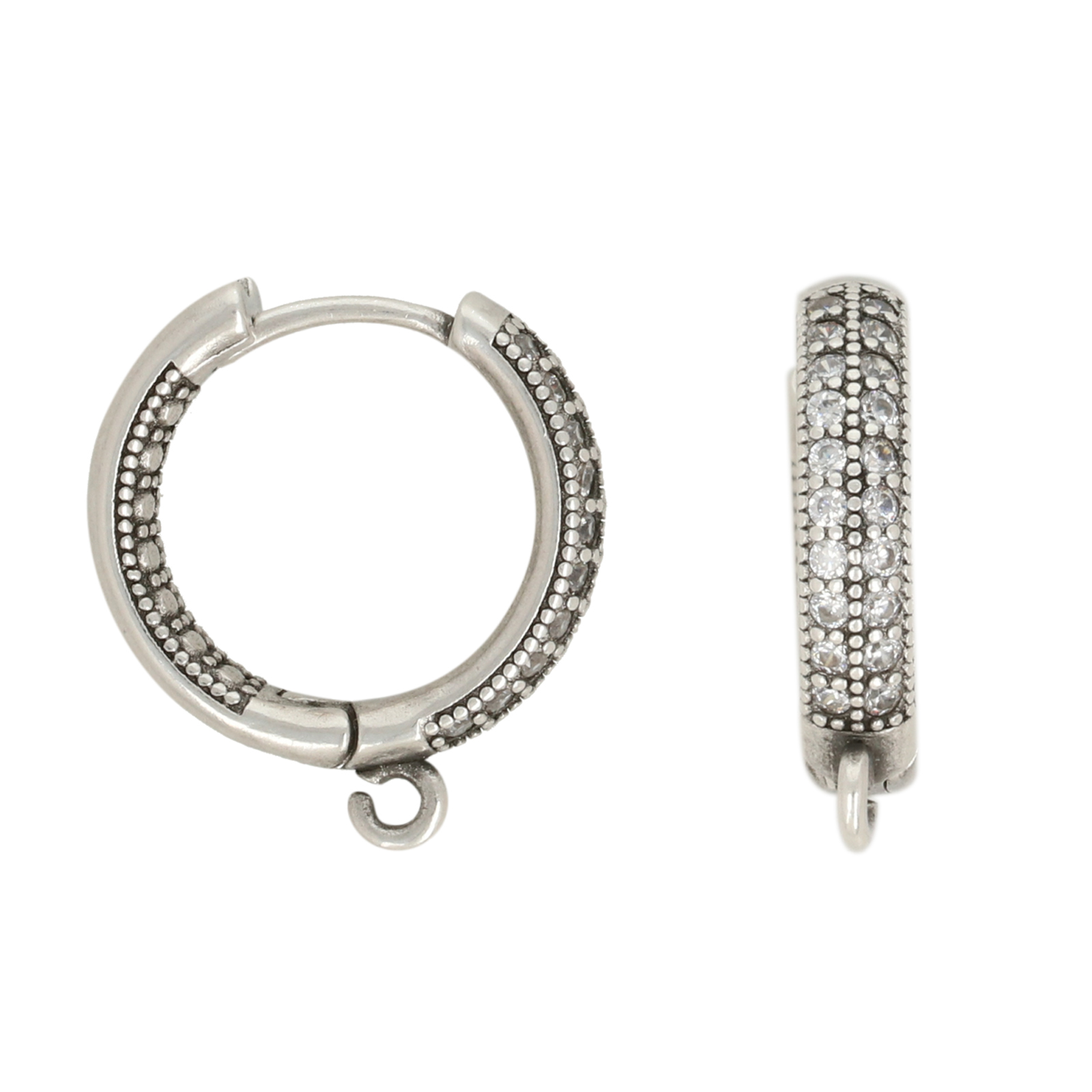 antique silver plated leverback hoop earring with crystal 16x3,5mm | 2pc