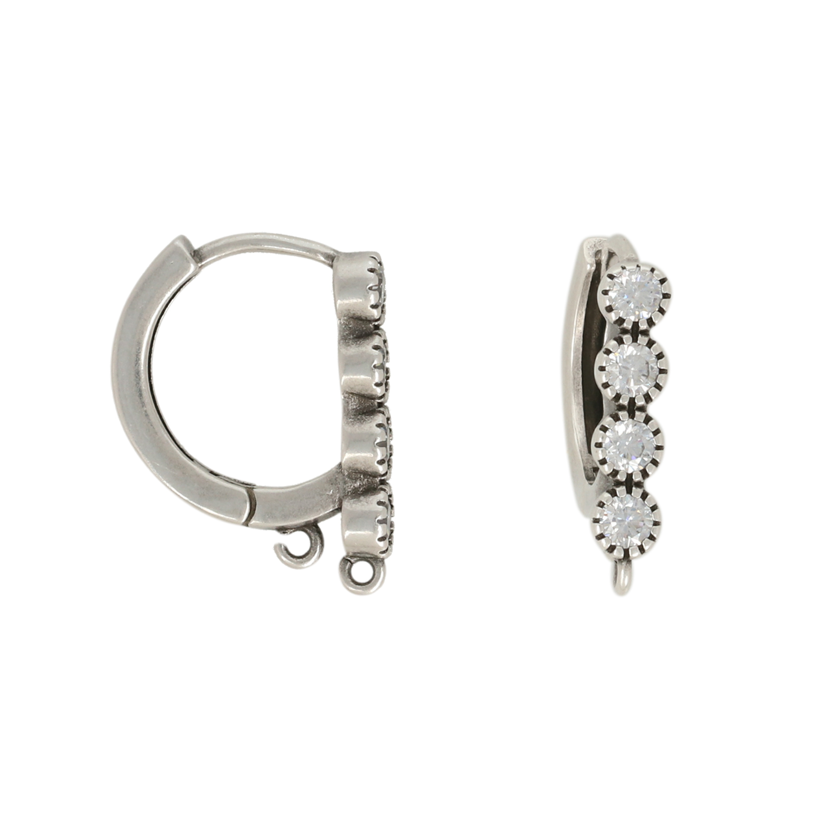 antique silver plated leverback hoop earring with crystal 13x3mm | 2pc
