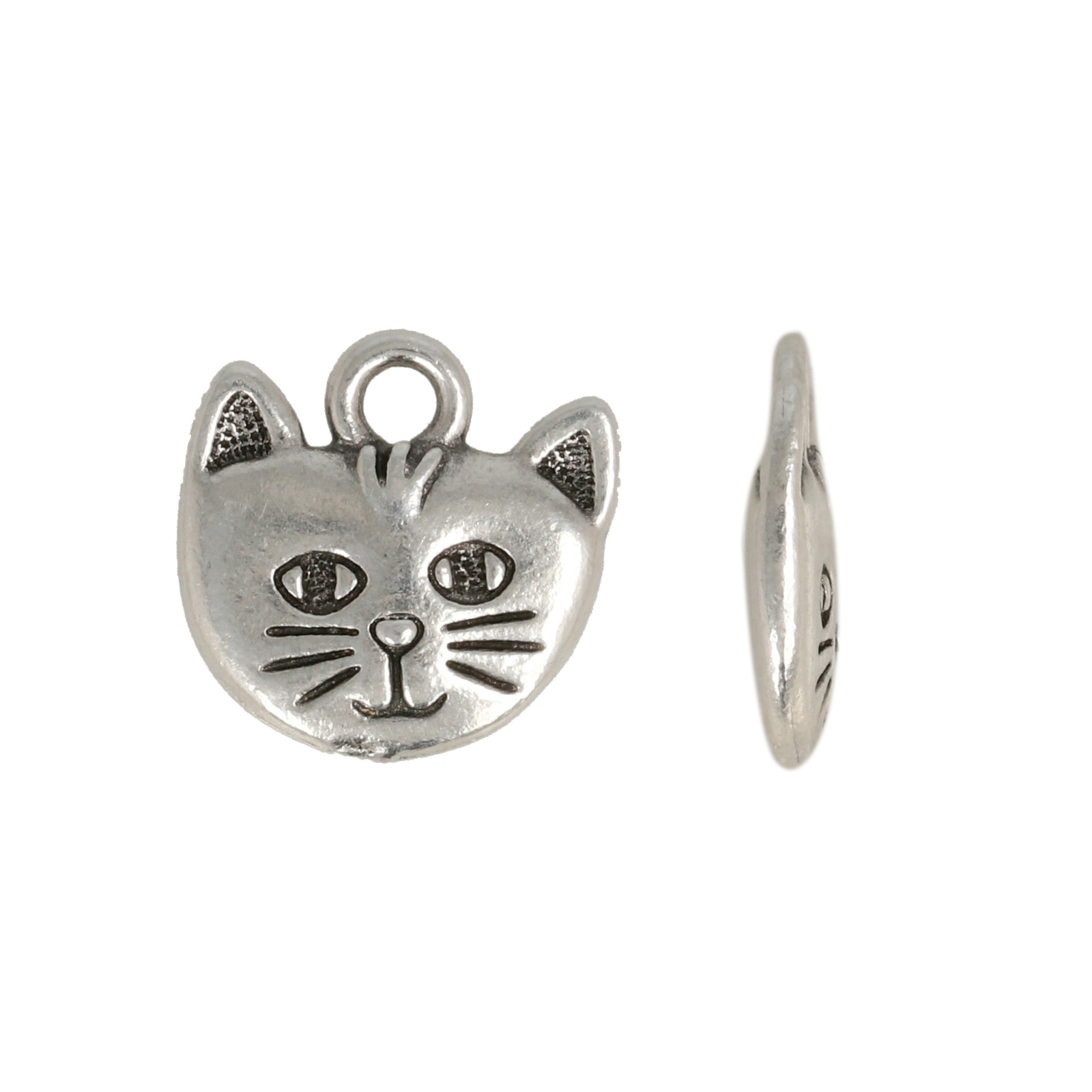 antique silver plated whiskers cat charm 14mm | 1pc