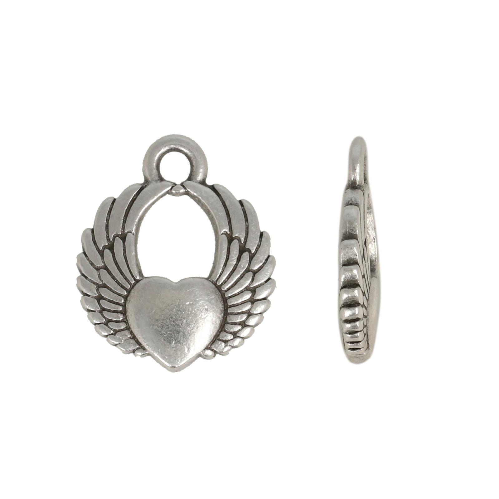 antique silver winged heart charm 14mm | 1pc