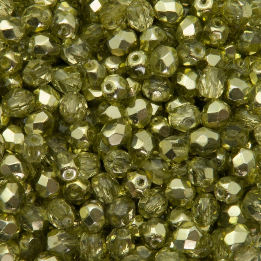 czech fire-polished round beads - crystal/ metallic green 4mm | 50pc