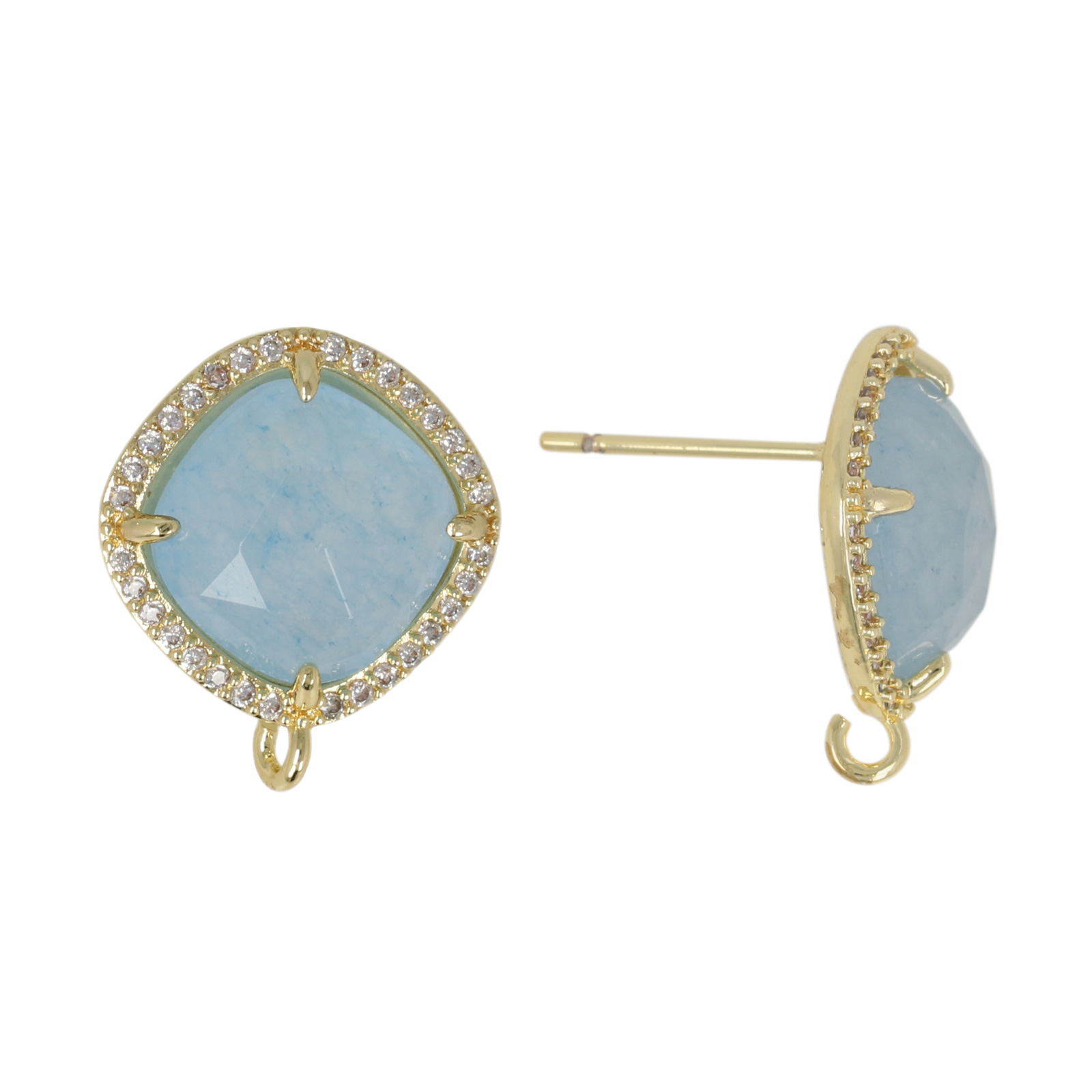 precious earrings - light blue dyed jade rhombus 15mm cubic zirconia gold plated post earring | 2pc