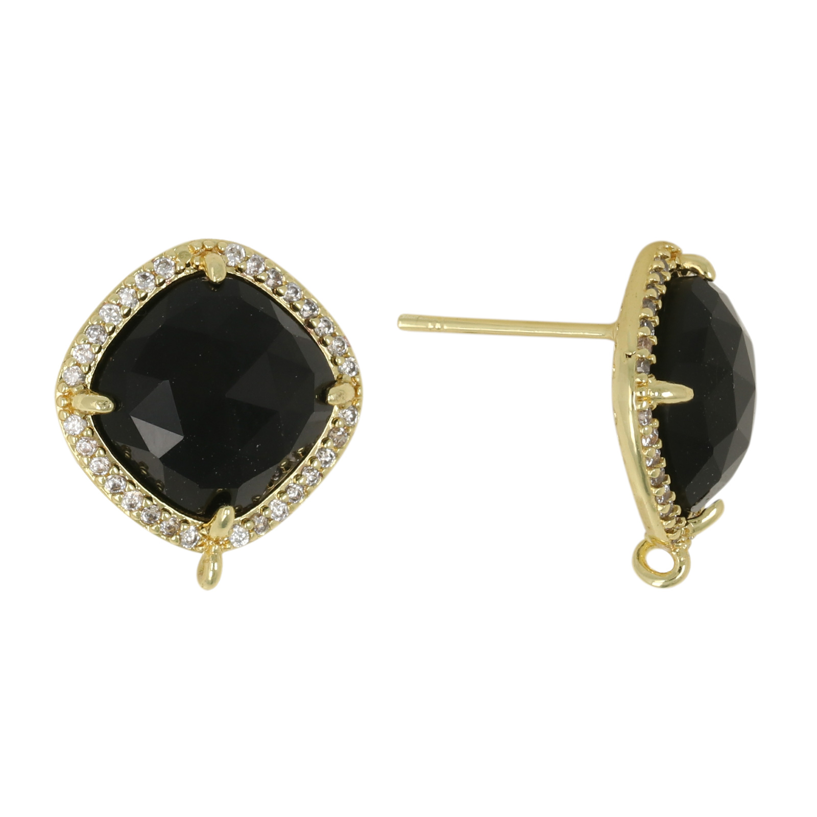 precious earrings - black obsidian rhombus 15mm cubic zirconia gold plated post earring | 2pc
