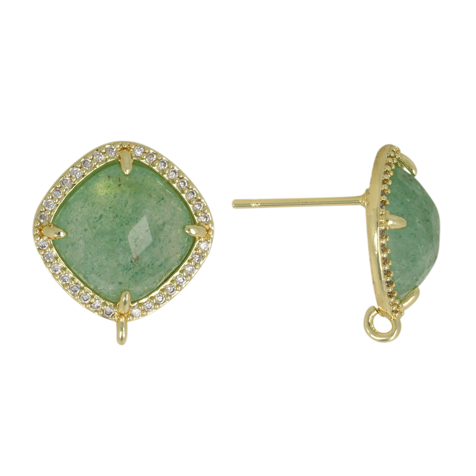 precious earrings - green aventurine rhombus 15mm cubic zirconia gold plated post earring | 2pc