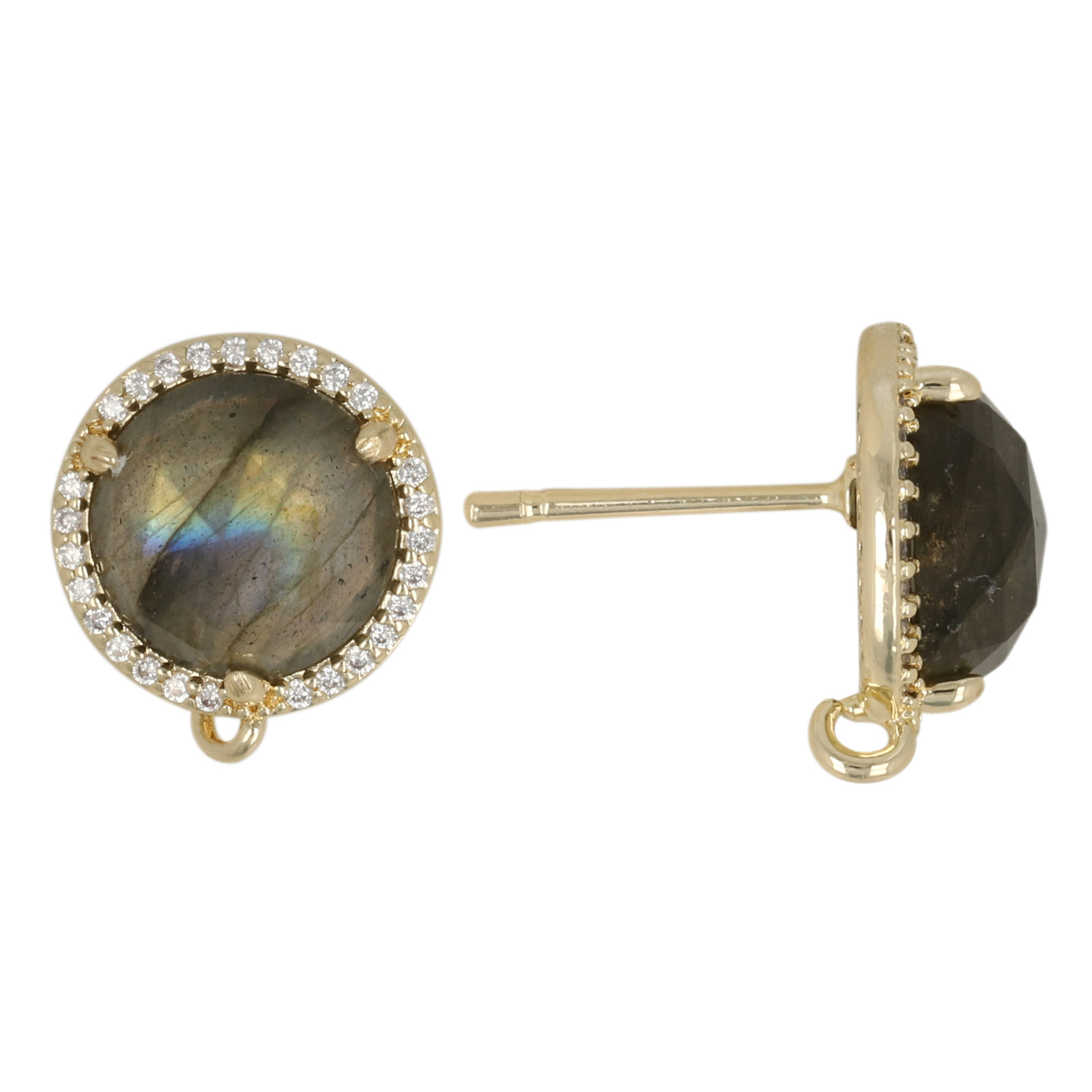 precious earrings - labradorite round 13mm cubic zirconia gold plated post earring | 2pc