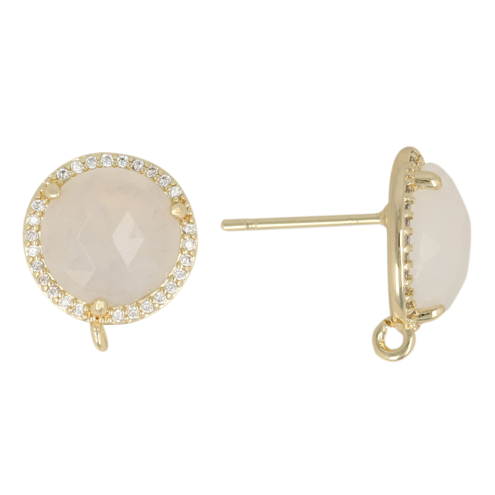 precious earrings - white jade round 13mm cubic zirconia gold plated post earring | 2pc