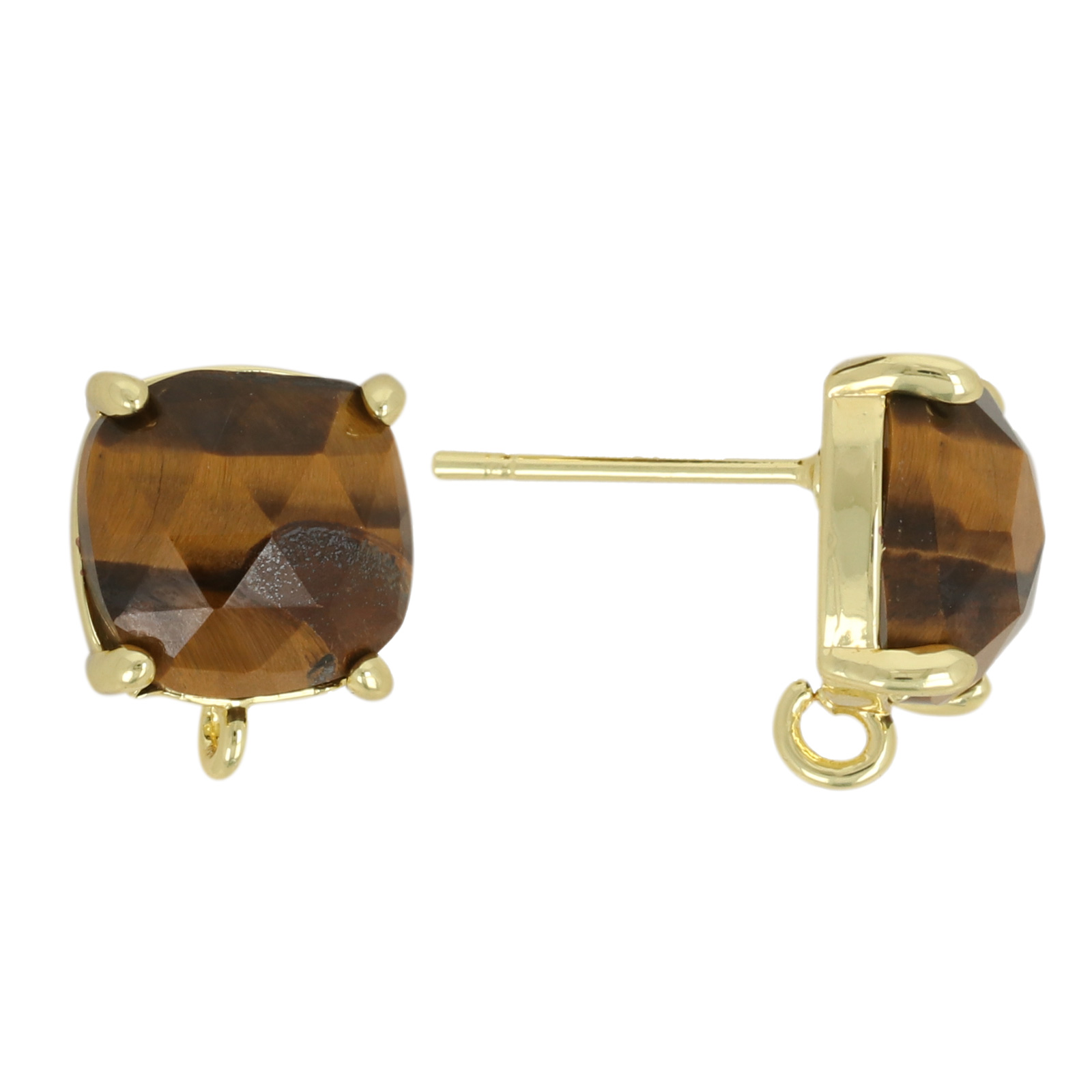 precious earrings - brown tiger's eye square 10mm gold plated post earring | 2pc