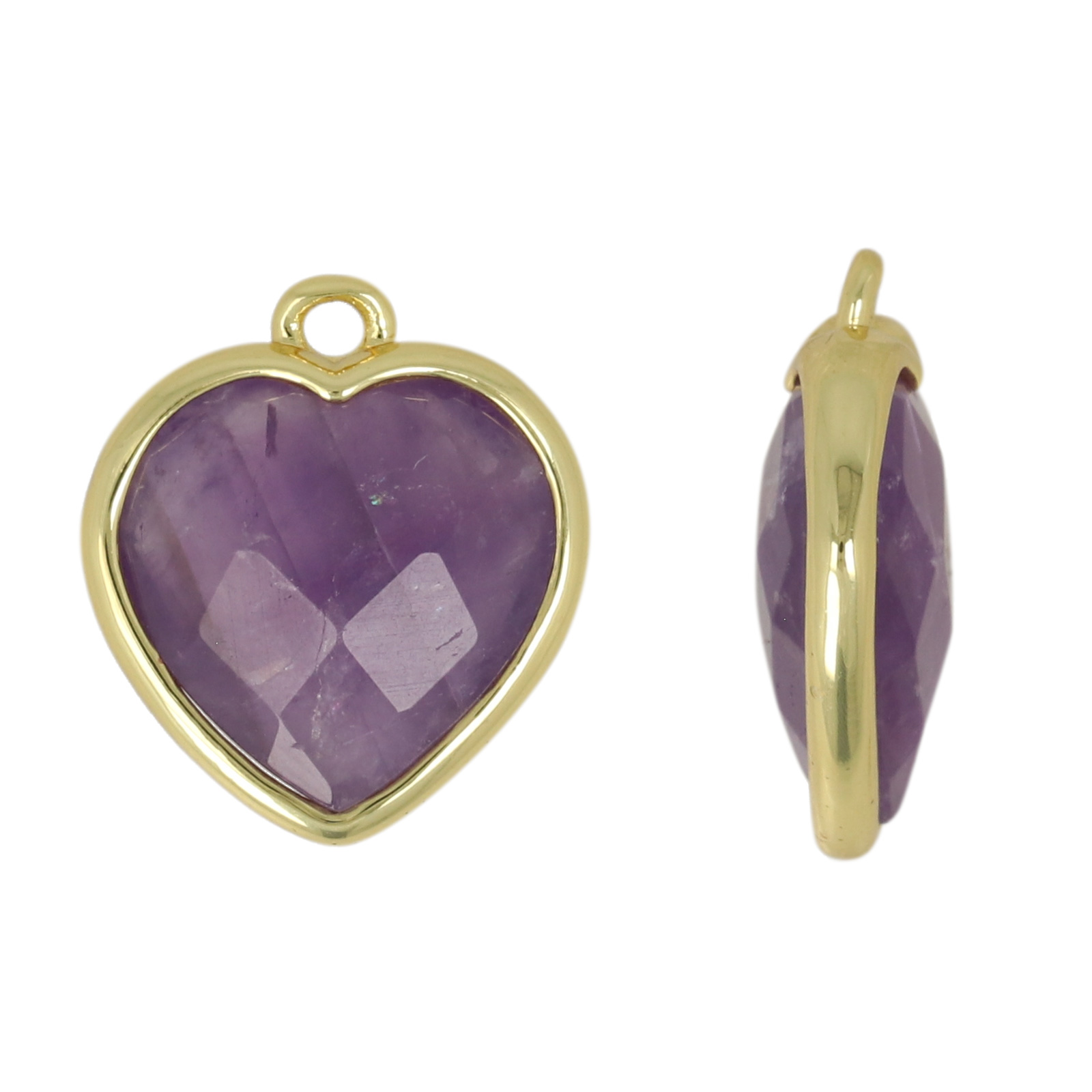 gold plated precious pendant amethyst faceted heart 14mm | 1pc
