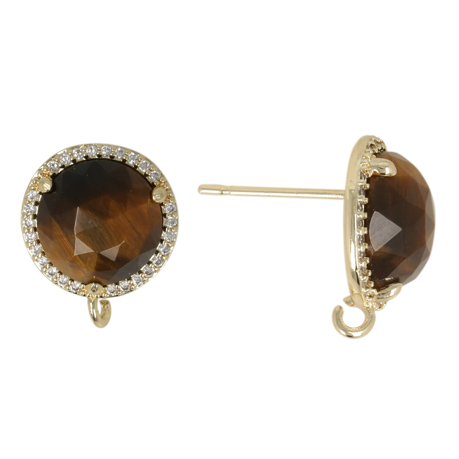 precious earrings - brown tiger's eye round 13mm cubic zirconia gold plated post earring | 2pc