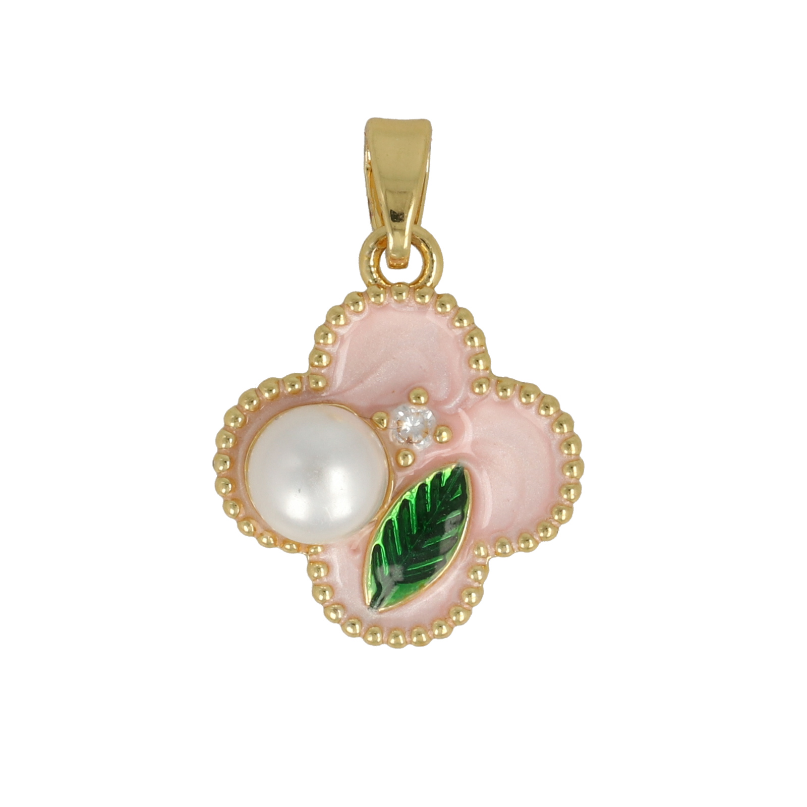gold plated enameled pink quatrefoil tag 17x15mm | 1pc