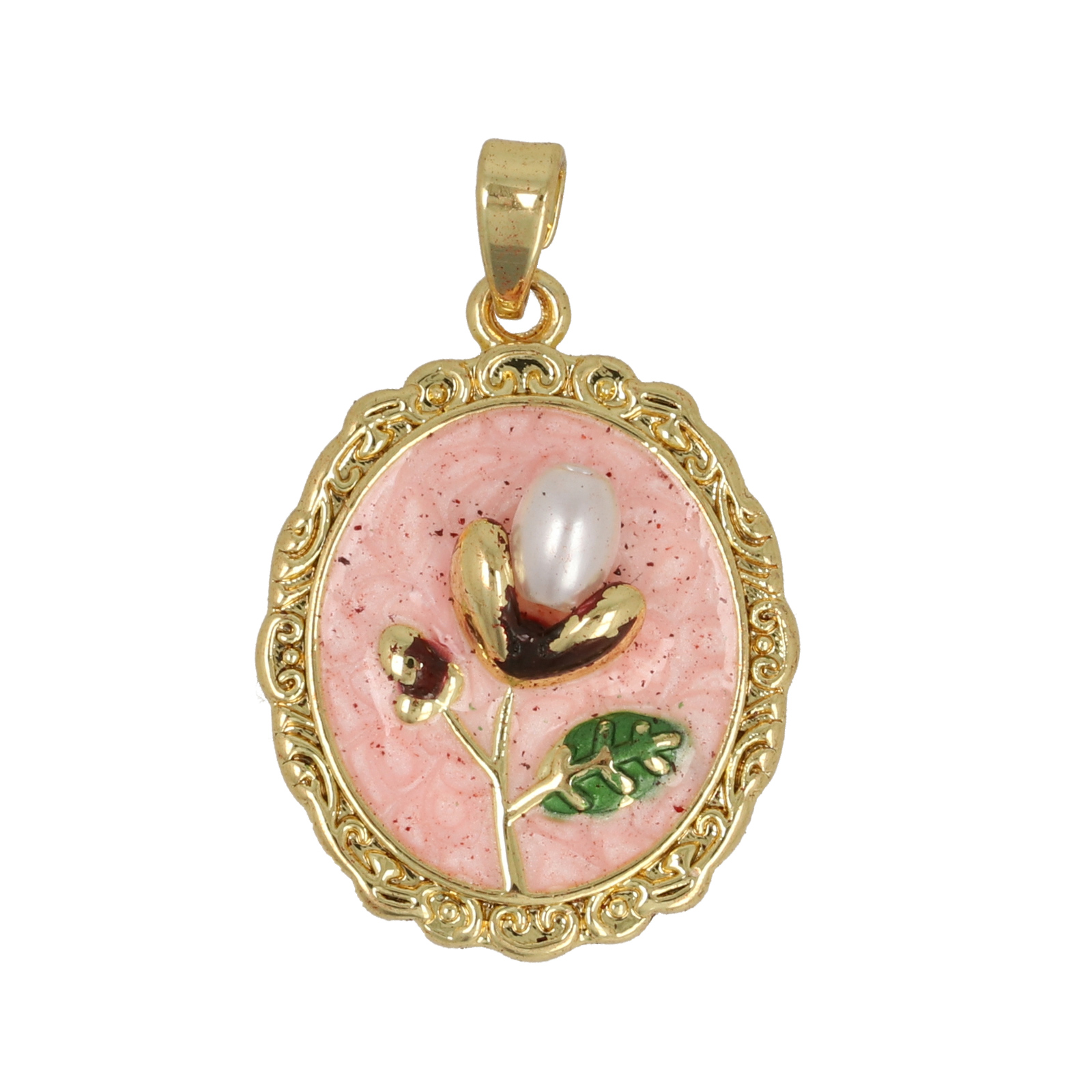 gold plated enameled rosa oval tag 22x18mm | 1pc